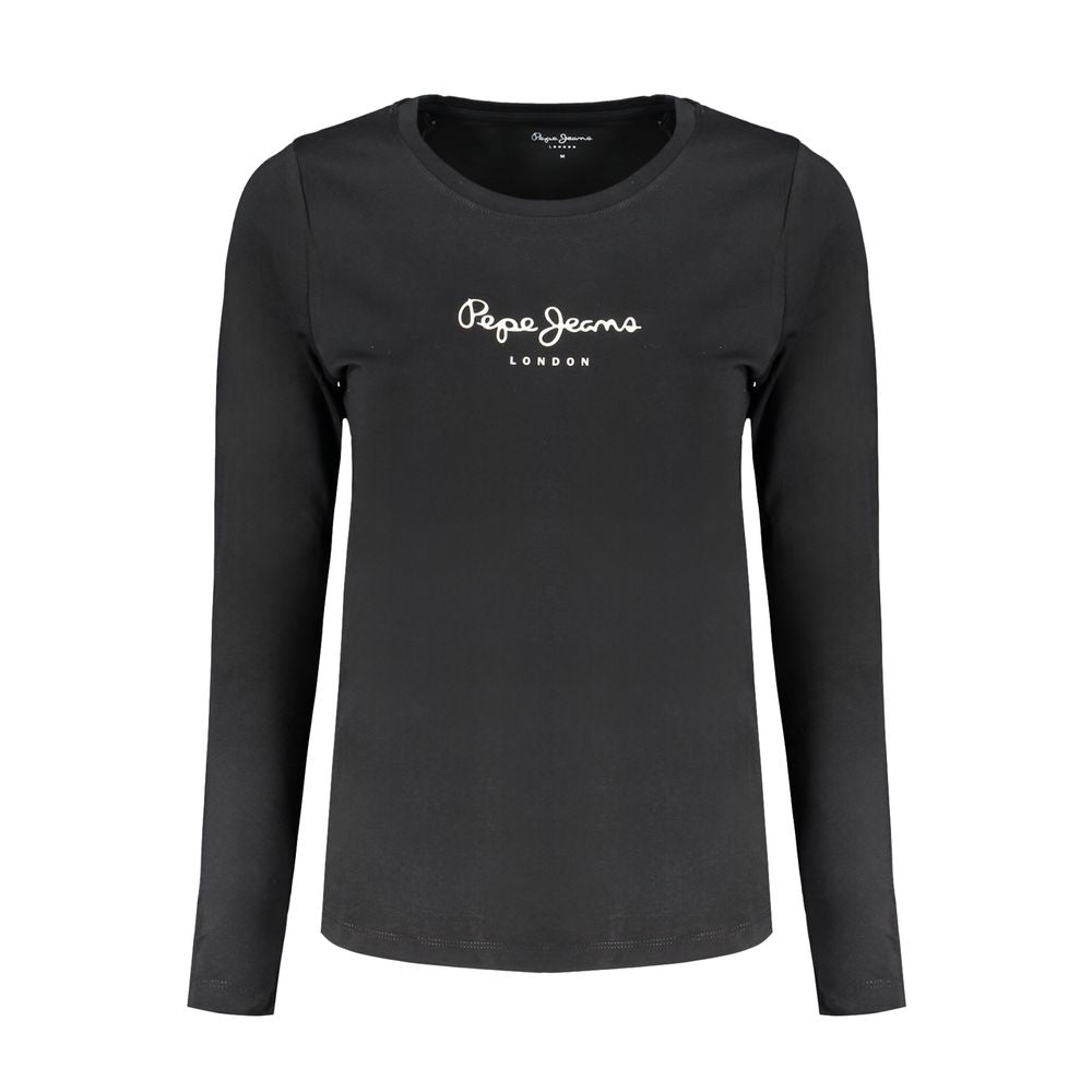 T-shirt noire en coton pour femmes de la marque Pepe Jeans, coupe classique, porté avec des détails de style décontracté.