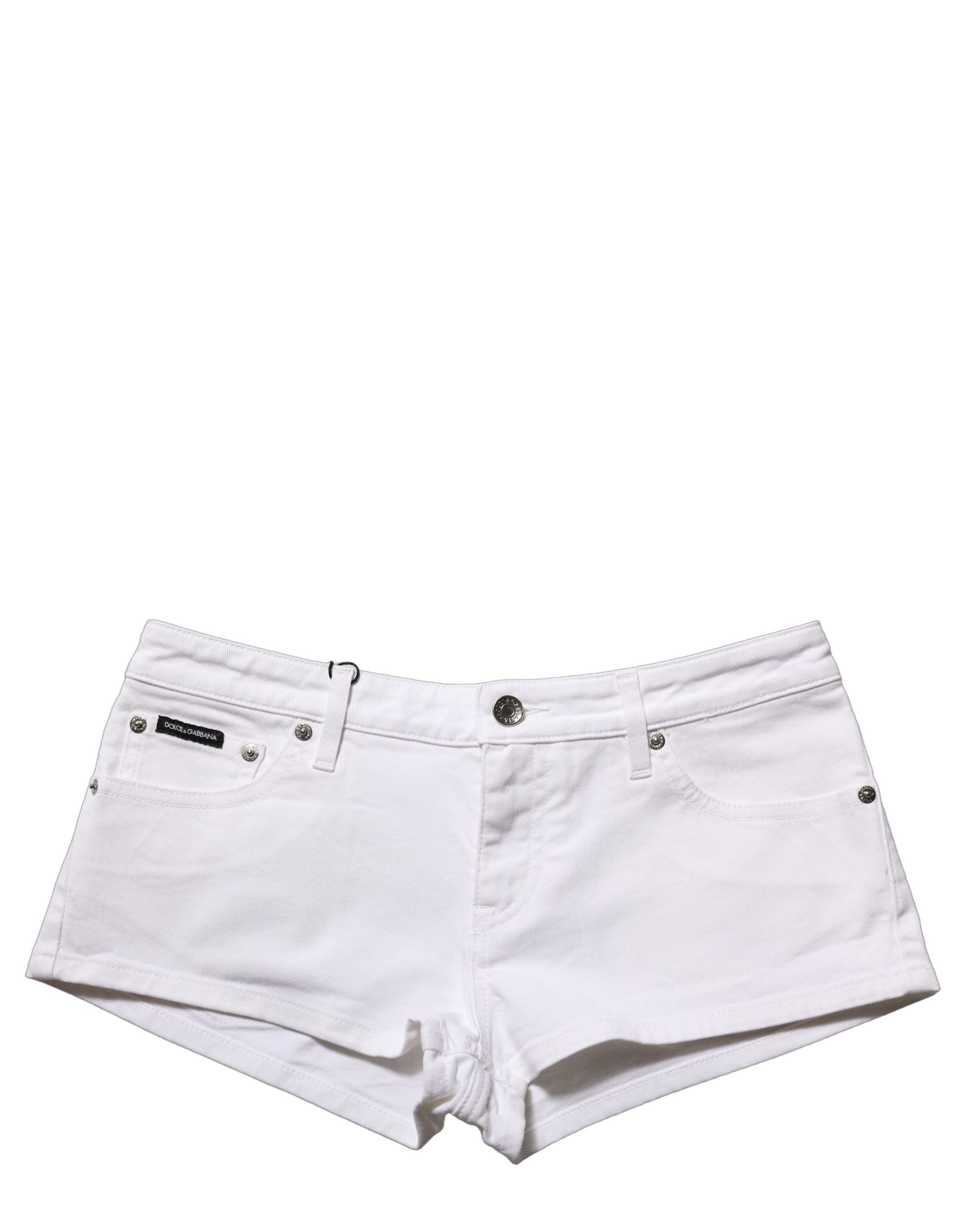 Dolce & Gabbana White Cotton Low Rise Denim Hot Pants Shorts