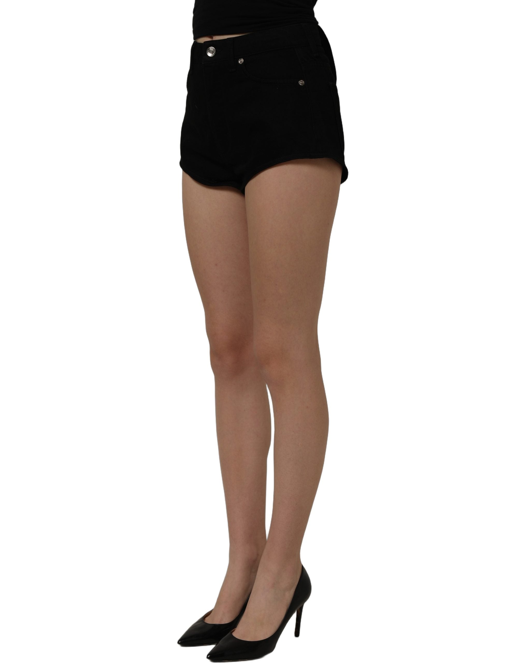 Dolce & Gabbana Black Cotton Mid Rise Denim Hot Pants Shorts
