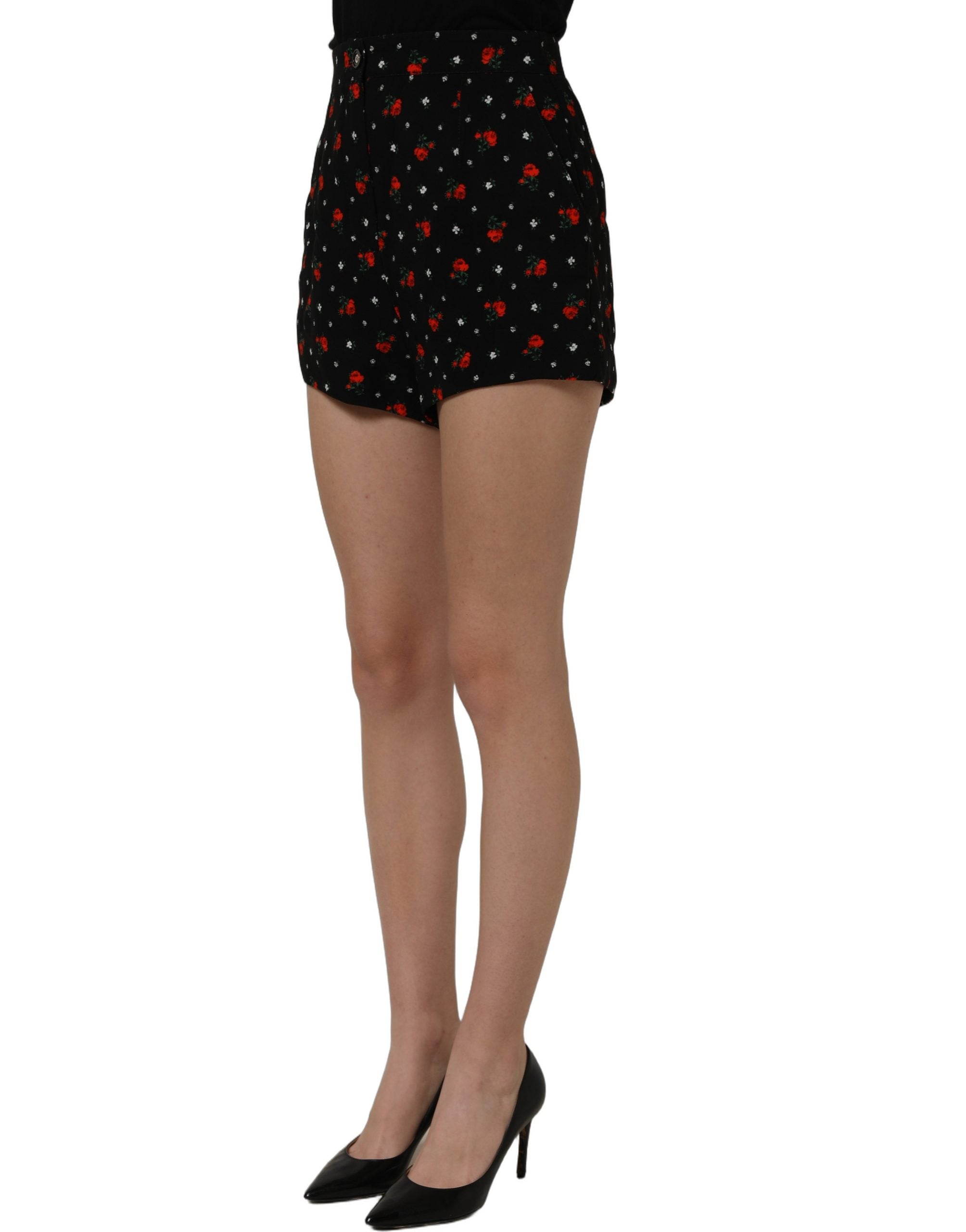 Dolce & Gabbana Black Floral High Rise Women Hot Pants Shorts