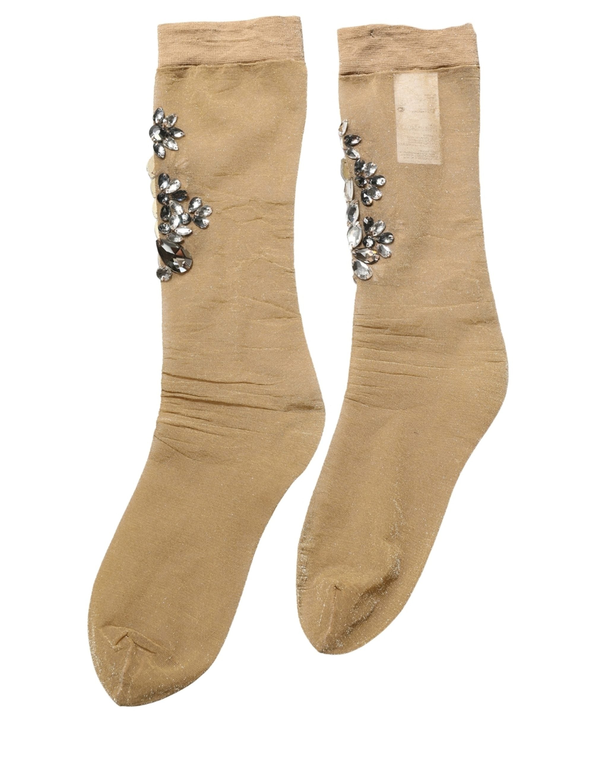 Dolce & Gabbana Brown Stretch Floral Clear Crystal Stockings Socks