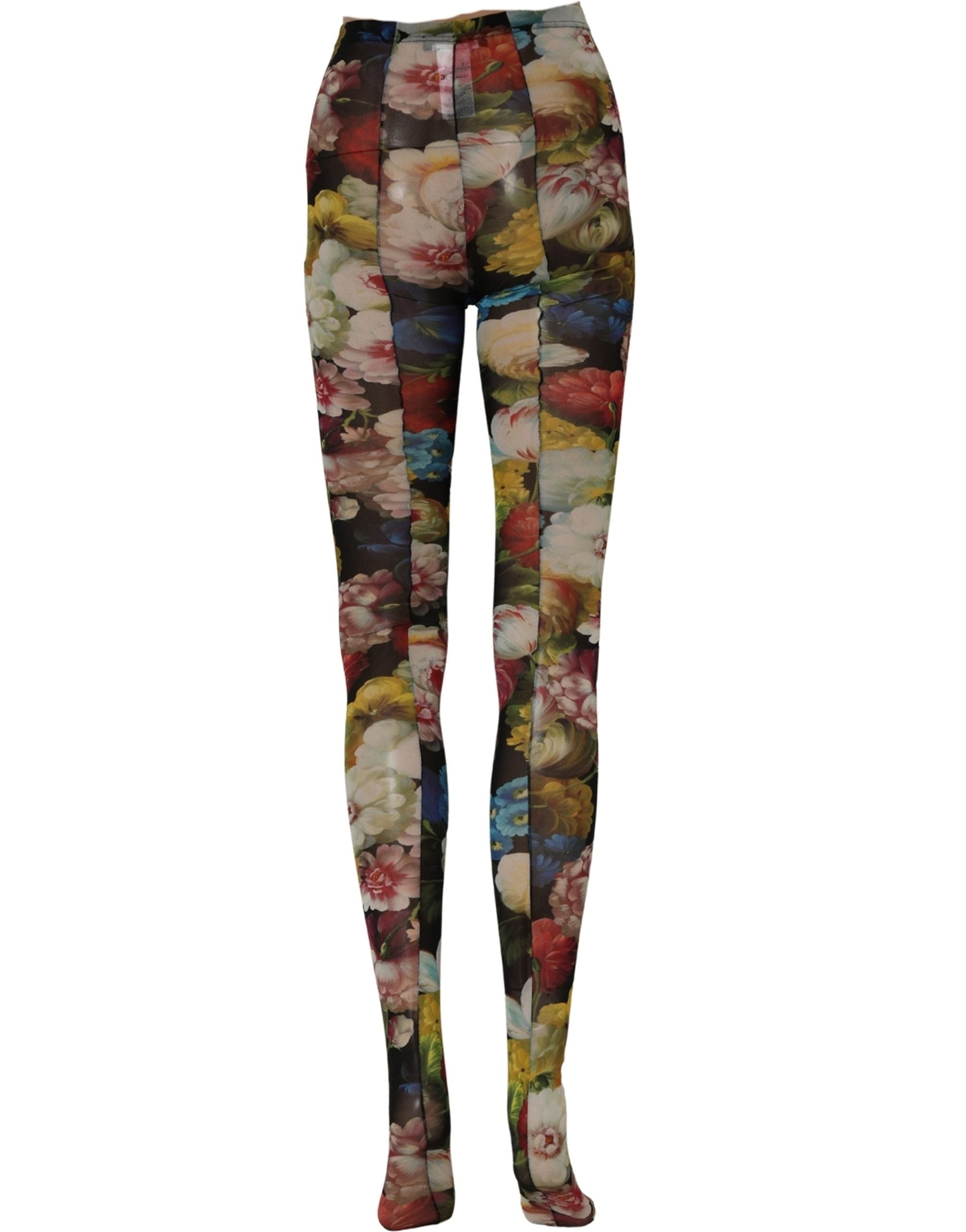 Dolce & Gabbana Black Floral Print Tights Sheer Stockings Socks