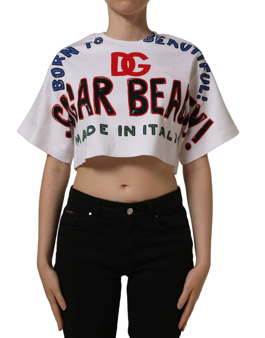 Dolce & Gabbana White Graphic Cotton Jersey Cropped T-shirt