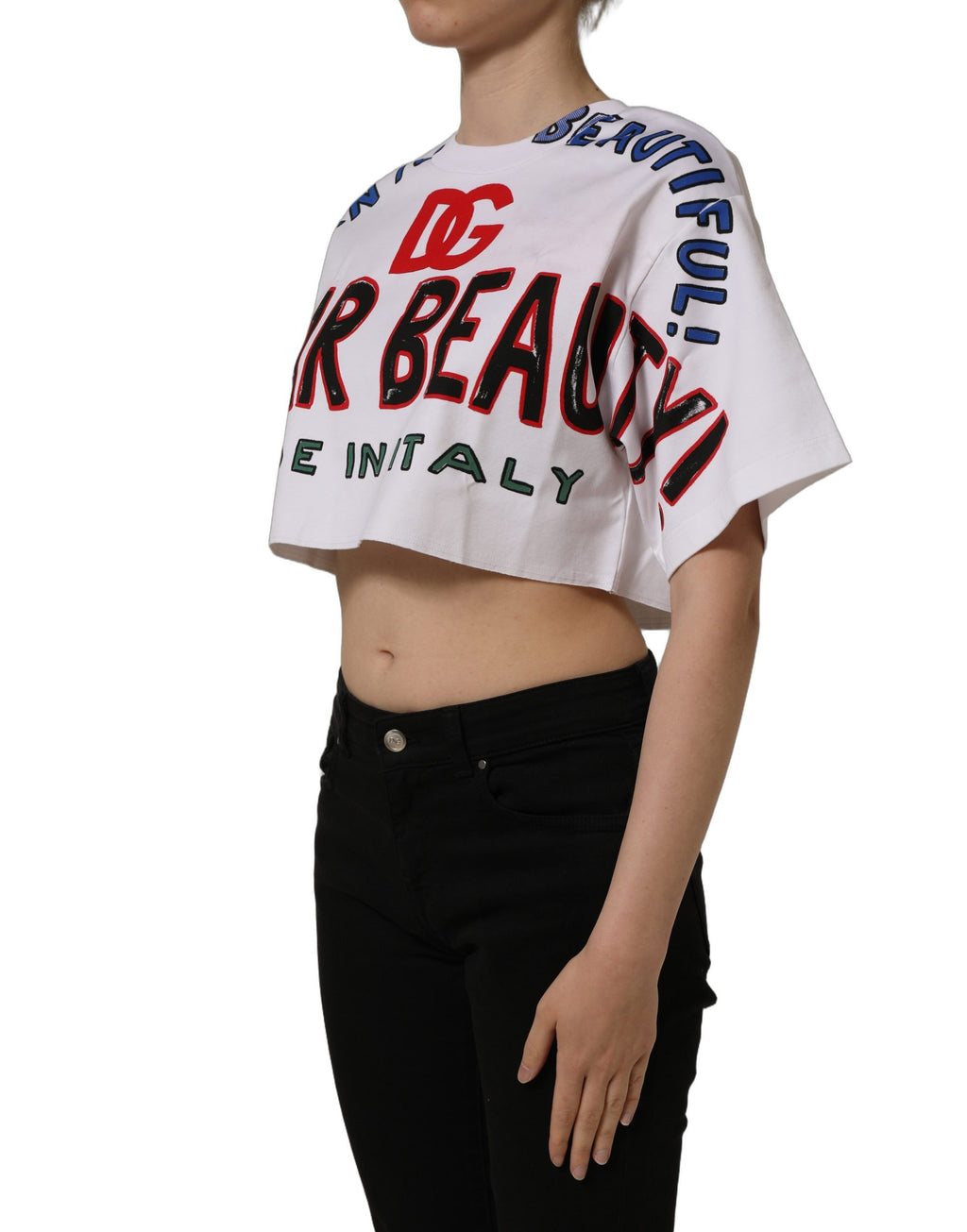 Dolce & Gabbana White Graphic Cotton Jersey Cropped T-shirt