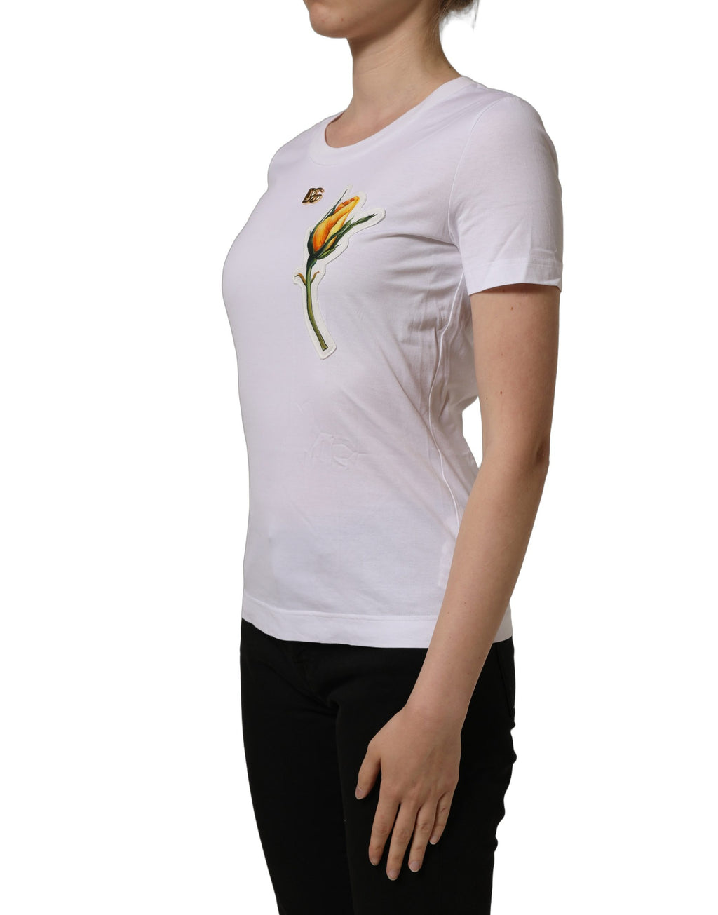 Dolce & Gabbana White Cotton Rose Patch Crew Neck T-shirt