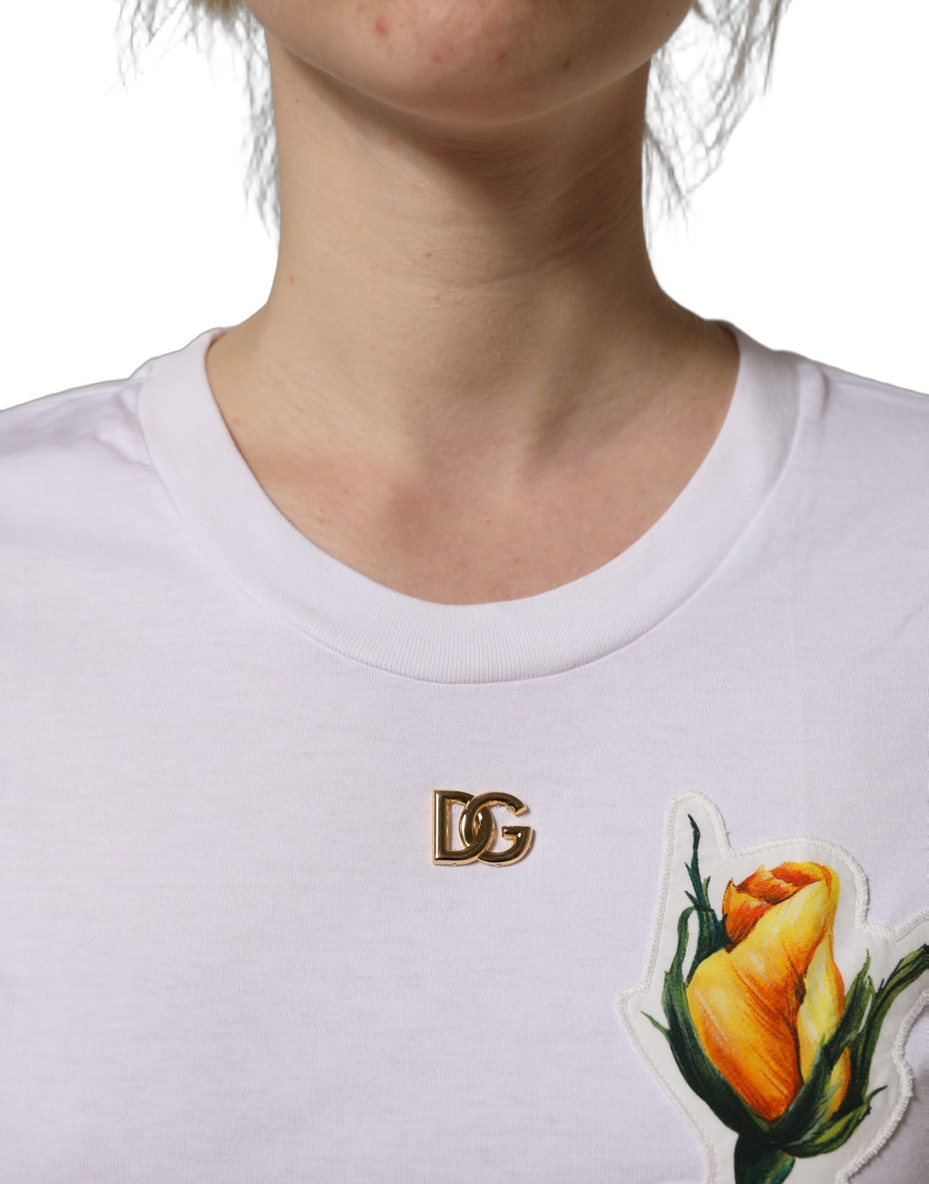 Dolce & Gabbana White Cotton Rose Patch Crew Neck T-shirt