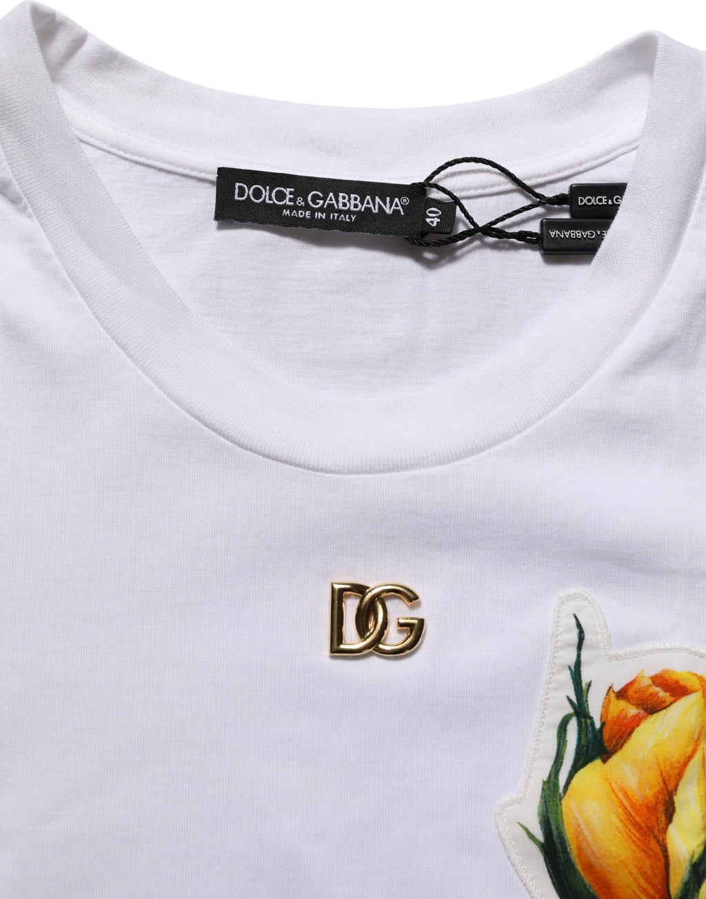 Dolce & Gabbana White Cotton Rose Patch Crew Neck T-shirt