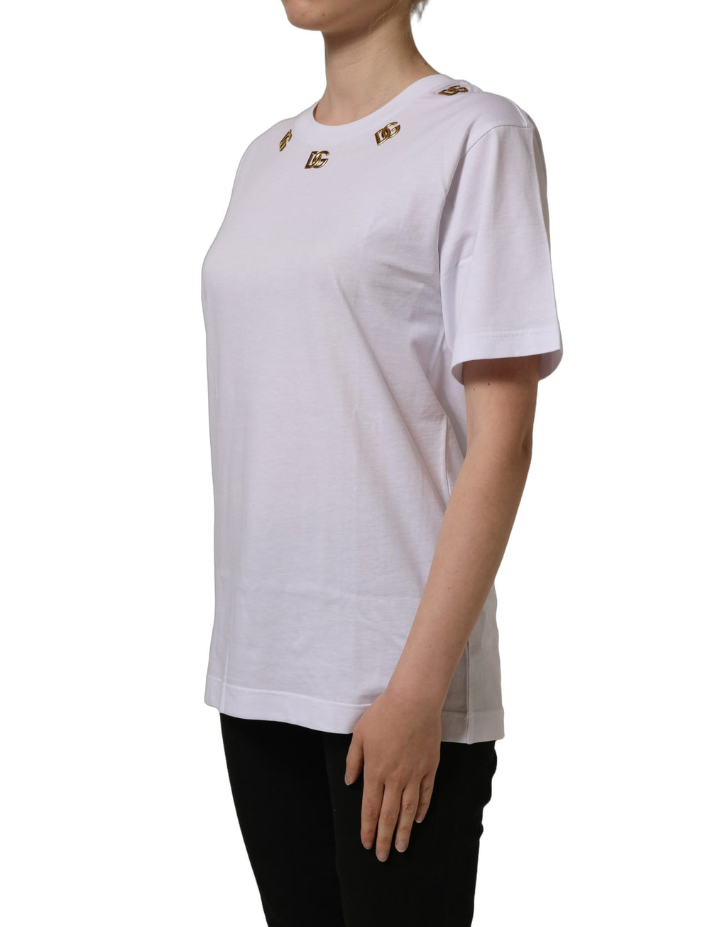 Dolce & Gabbana White Cotton Gold DG Logo Crew Neck T-shirt