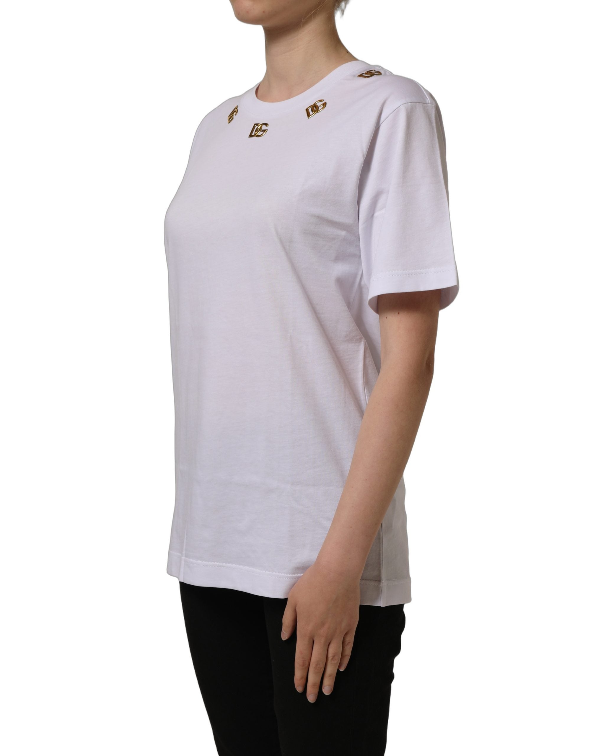 Dolce & Gabbana White Cotton Gold DG Logo Crew Neck T-shirt