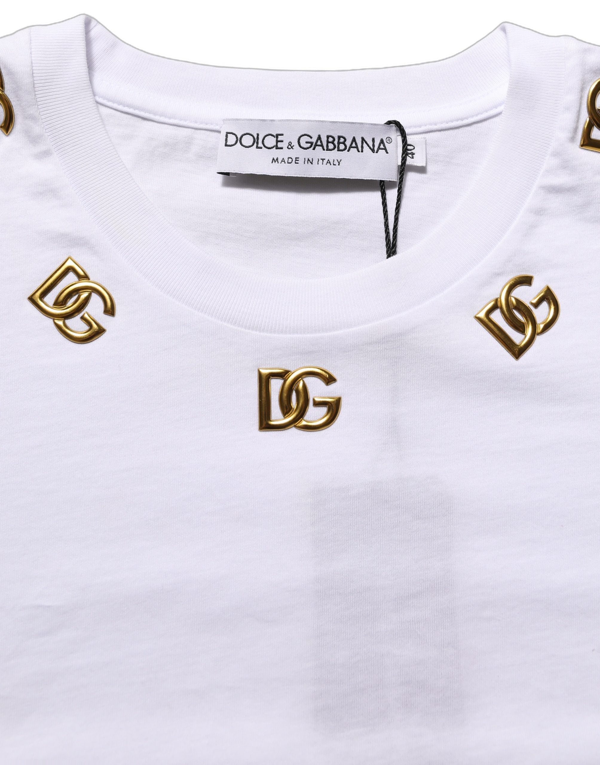 Dolce & Gabbana White Cotton Gold DG Logo Crew Neck T-shirt