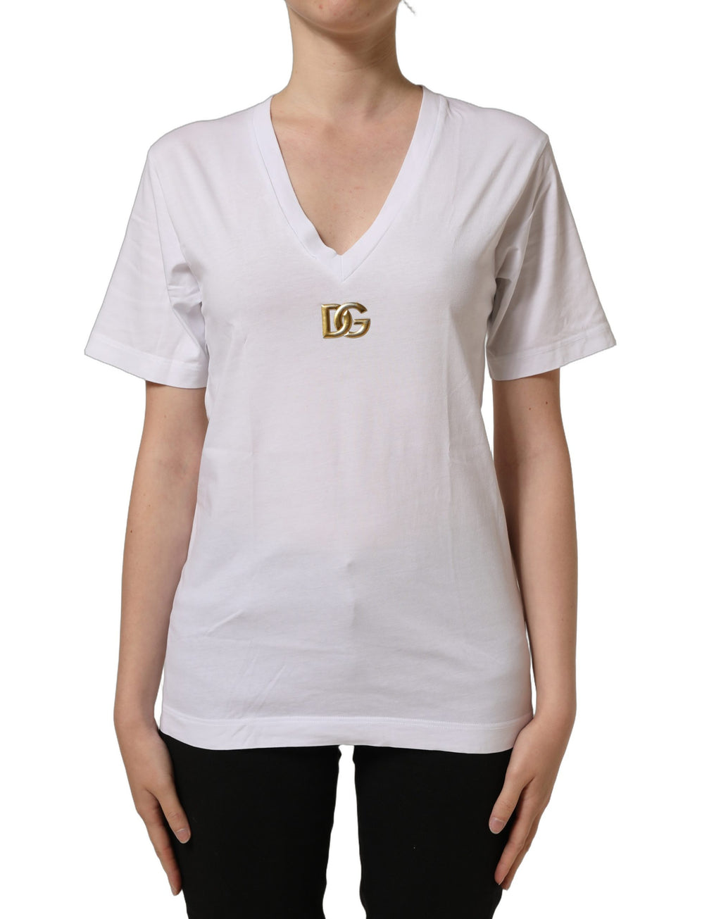 Dolce & Gabbana White Cotton Gold DG Logo V-Neck T-shirt