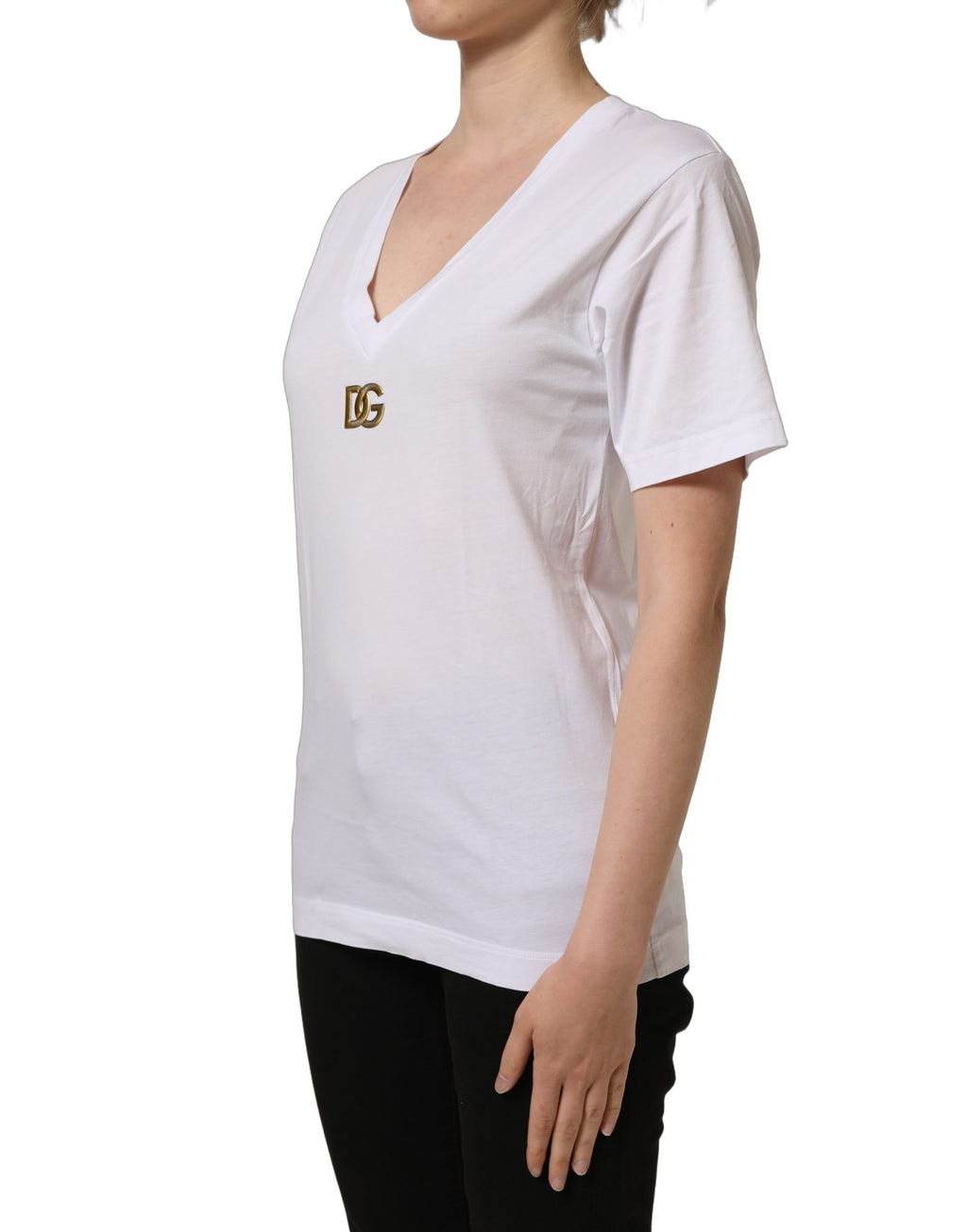Dolce & Gabbana White Cotton Gold DG Logo V-Neck T-shirt