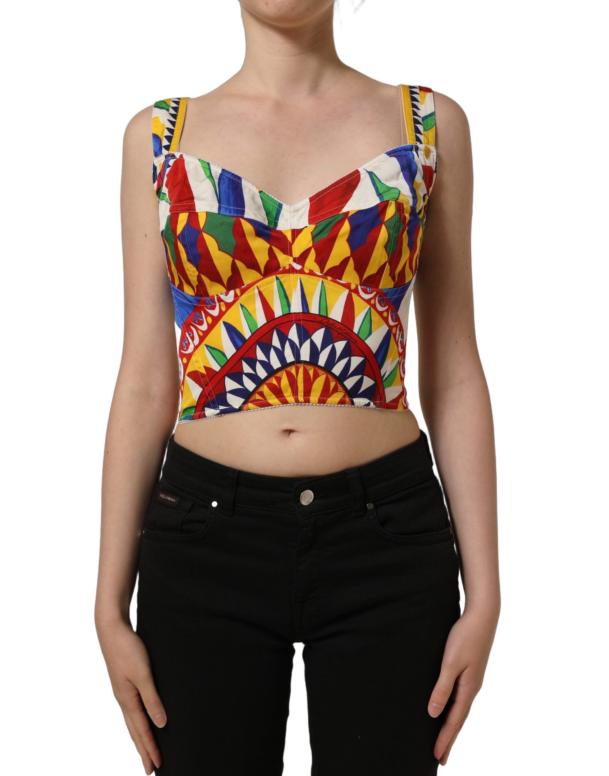 Dolce & Gabbana Multicolor Silk Carretto Print Cropped Tank Top