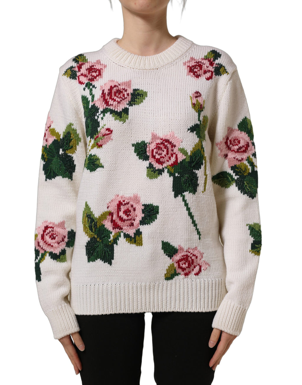 Dolce & Gabbana White Wool Floral Crew Neck Pullover Sweater