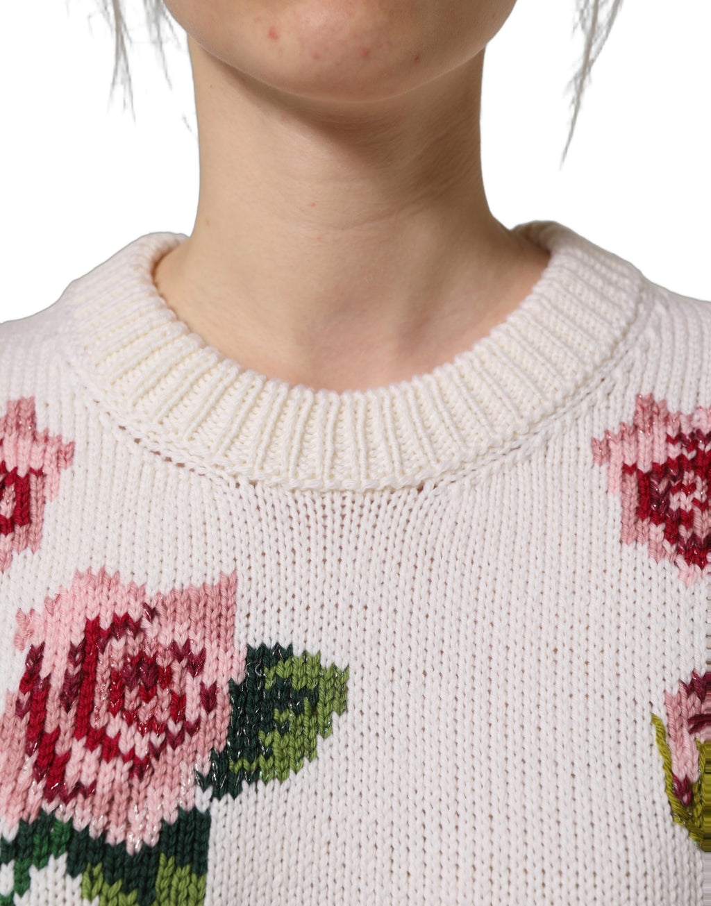 Dolce & Gabbana White Wool Floral Crew Neck Pullover Sweater