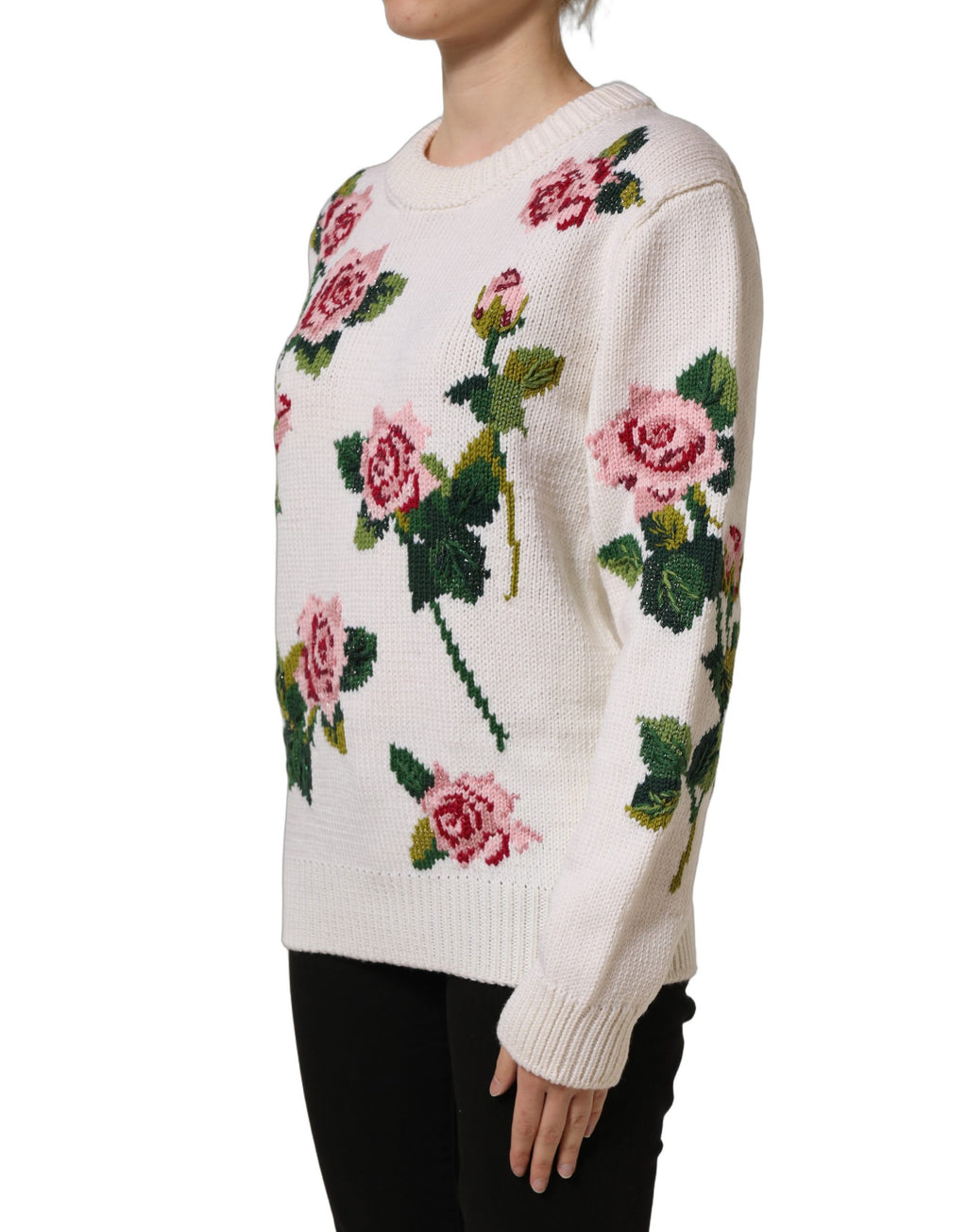 Dolce & Gabbana White Wool Floral Crew Neck Pullover Sweater