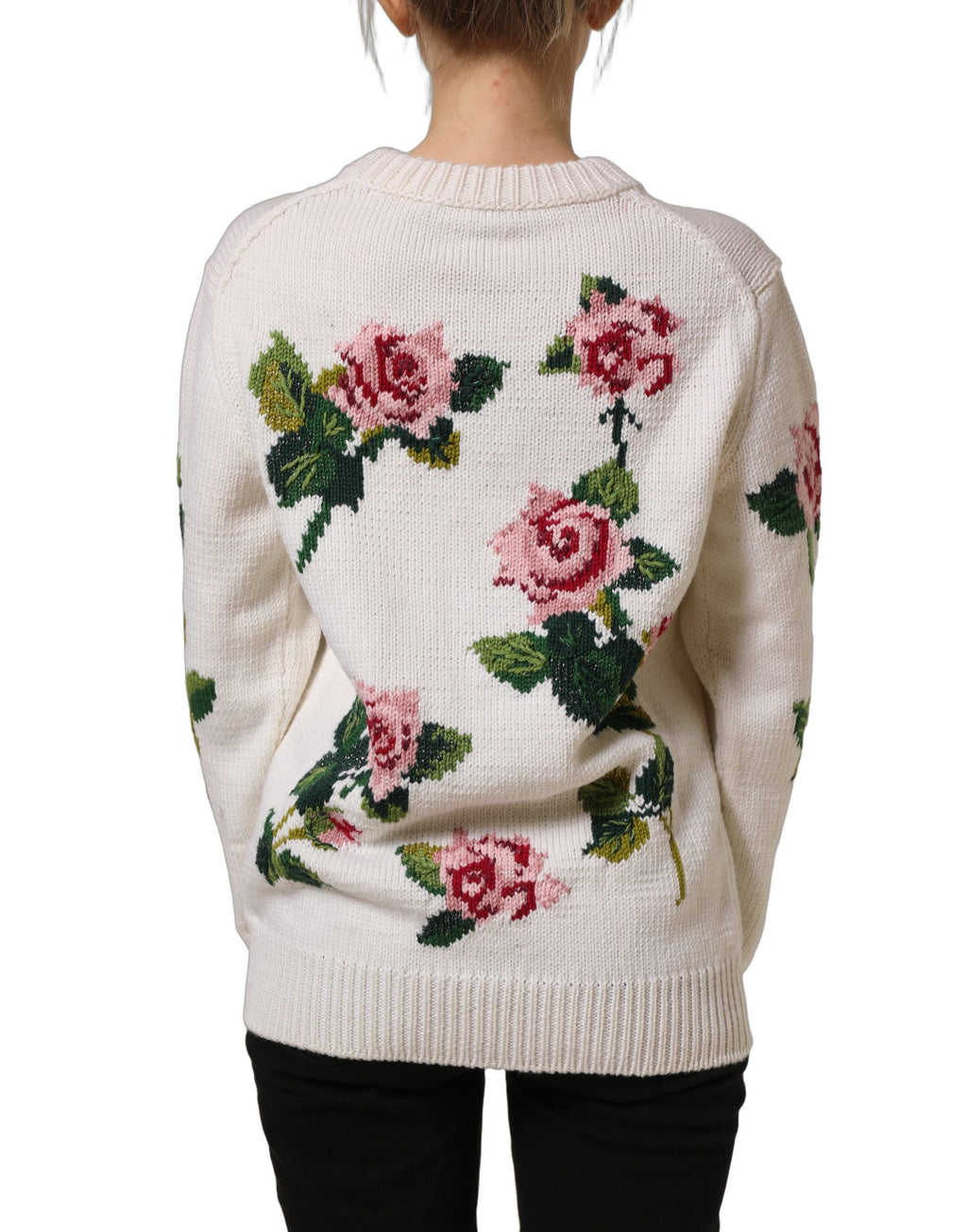 Dolce & Gabbana White Wool Floral Crew Neck Pullover Sweater