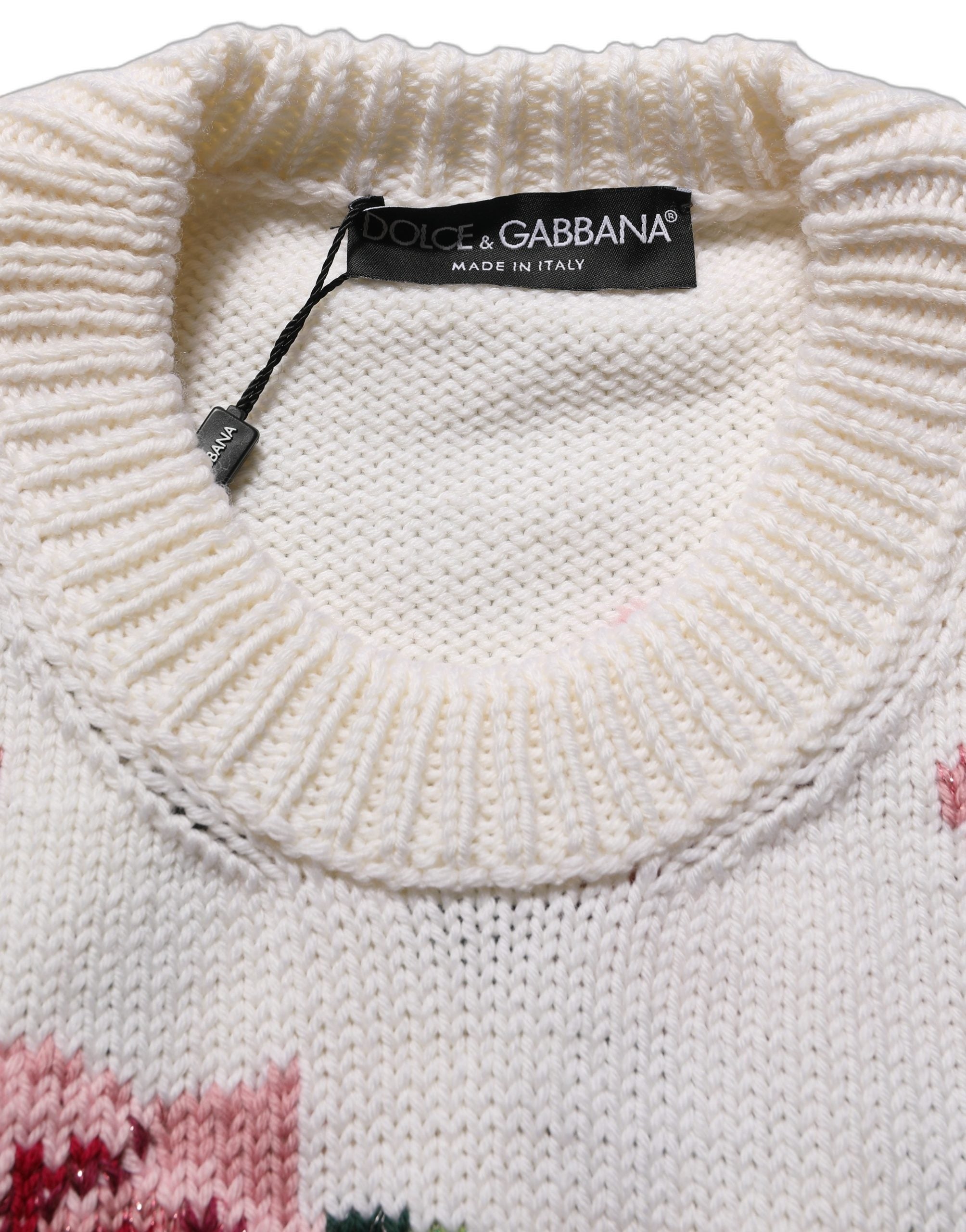 Dolce & Gabbana White Wool Floral Crew Neck Pullover Sweater