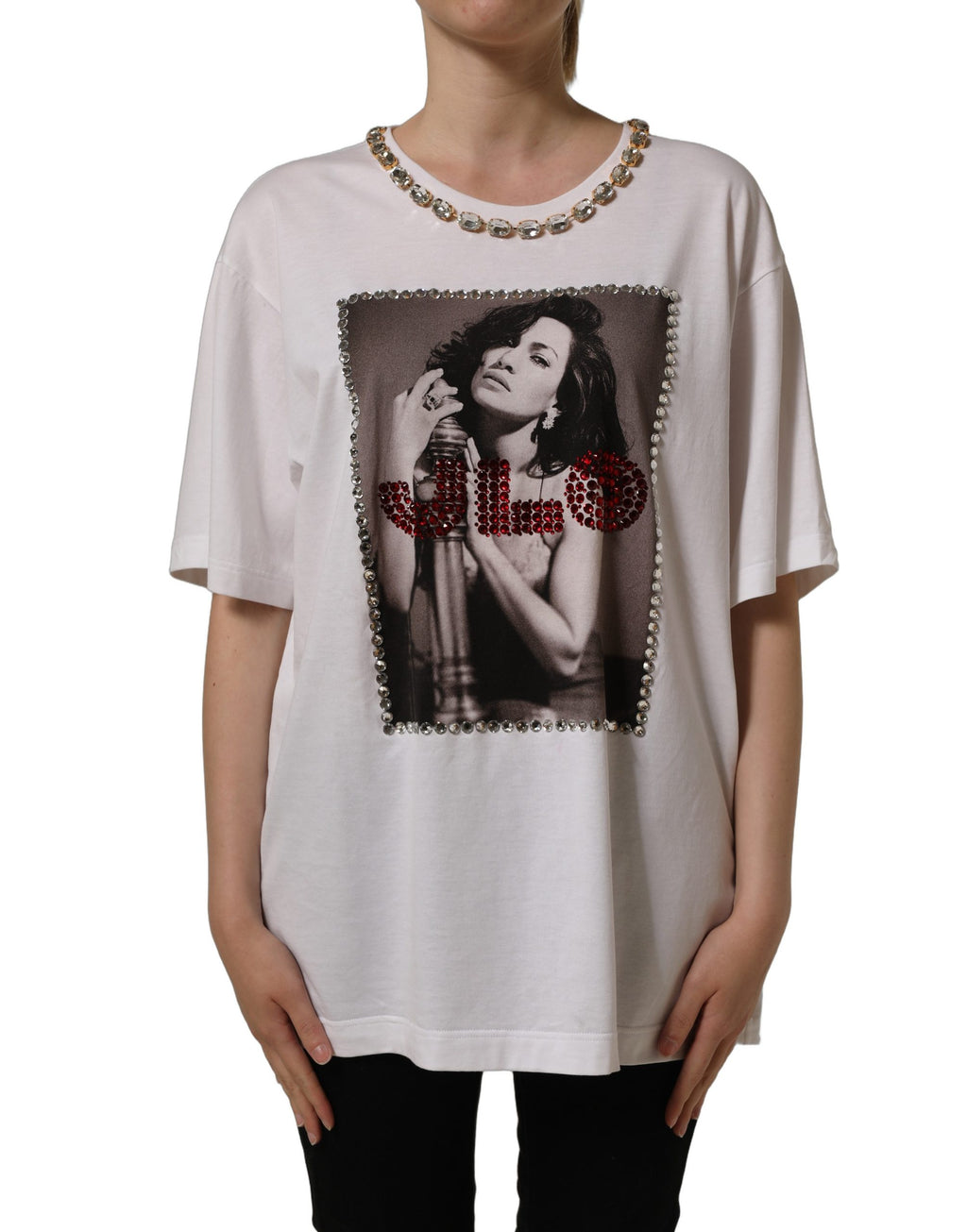 Dolce & Gabbana White Printed Jeweled Round Neck T-shirt