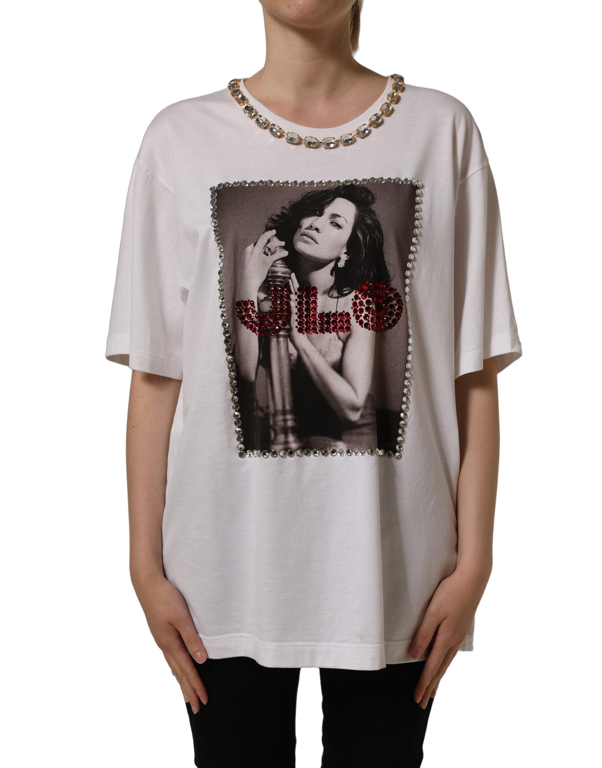 Dolce & Gabbana White Printed Jeweled Round Neck T-shirt