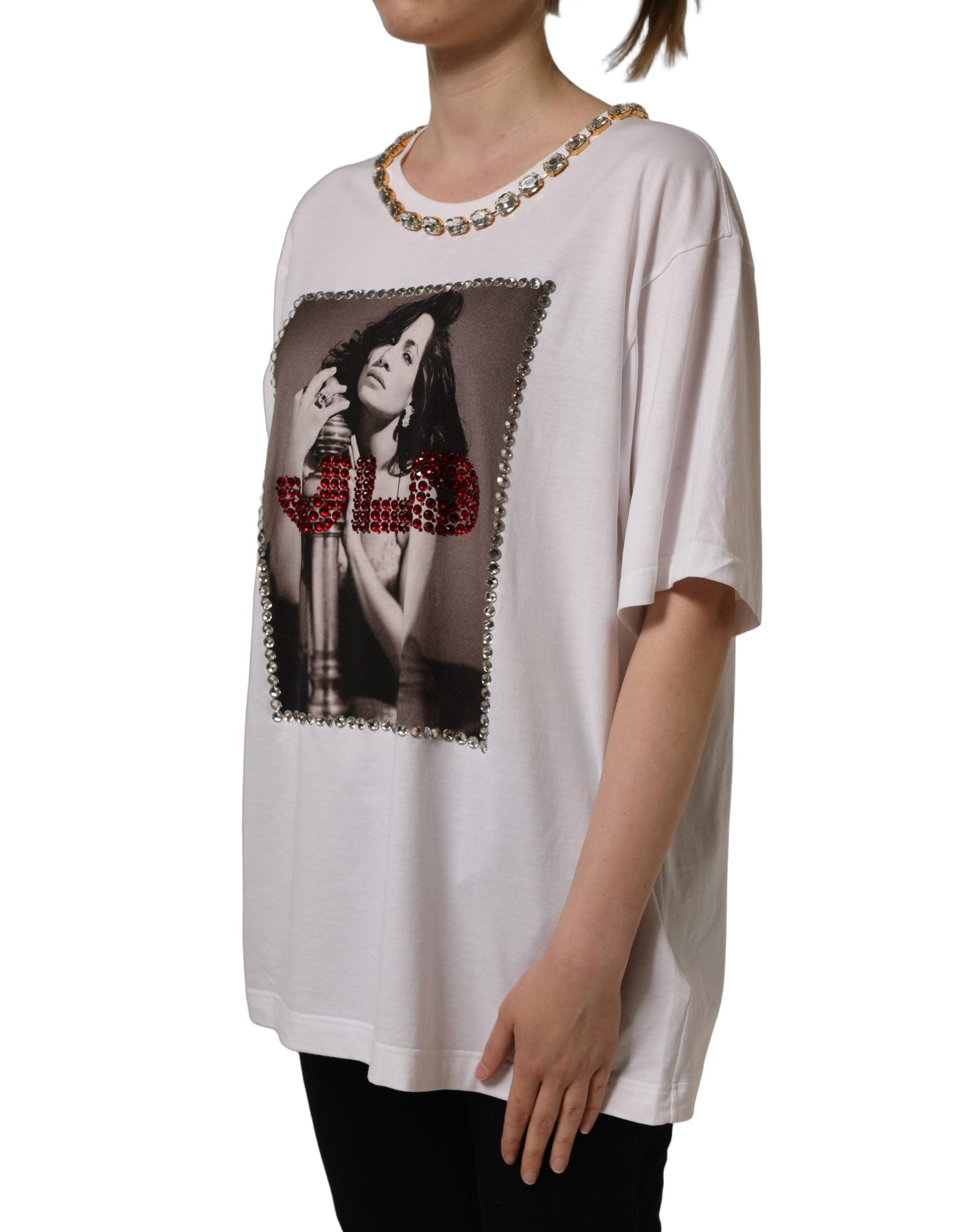 Dolce & Gabbana White Printed Jeweled Round Neck T-shirt