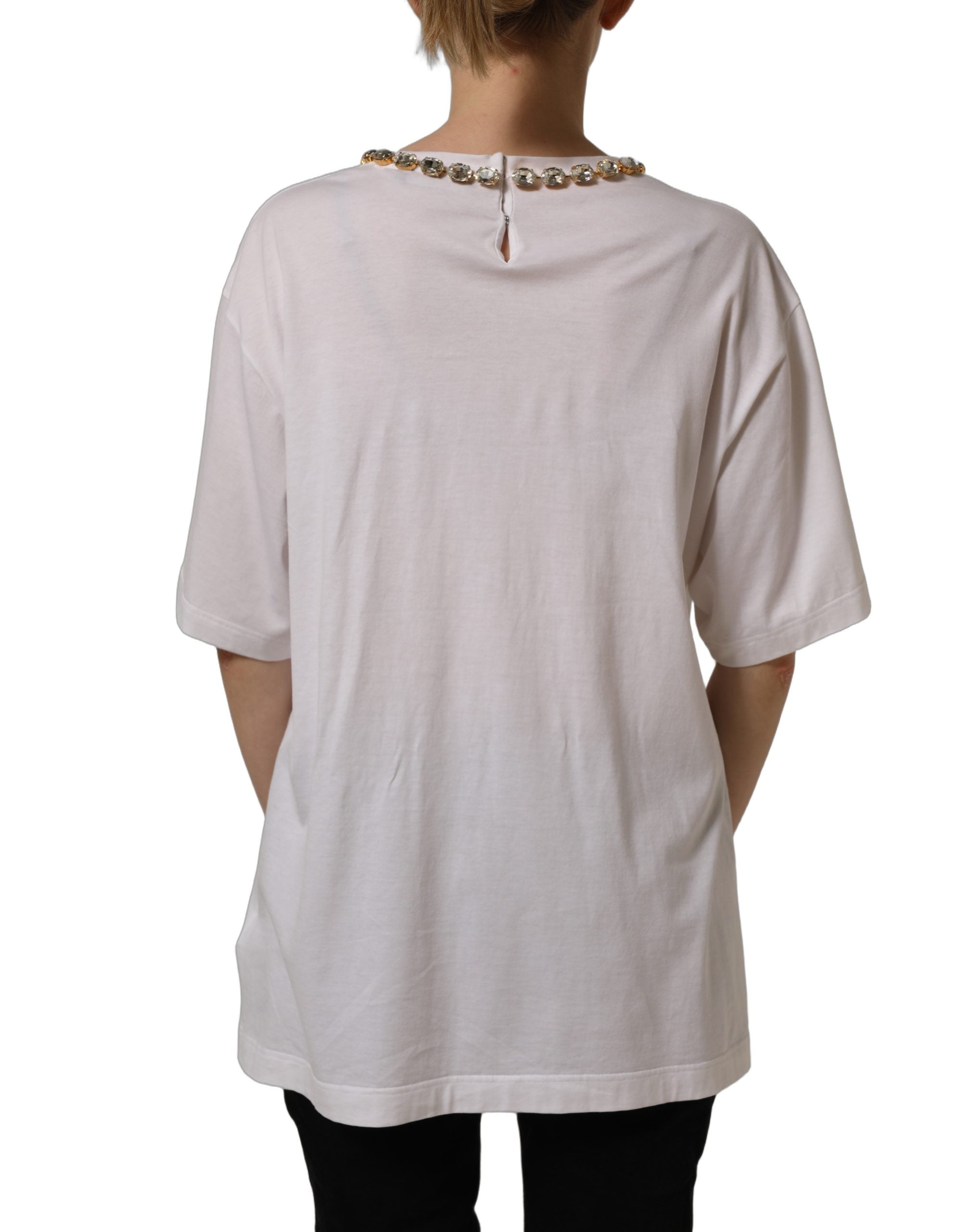 Dolce & Gabbana White Printed Jeweled Round Neck T-shirt