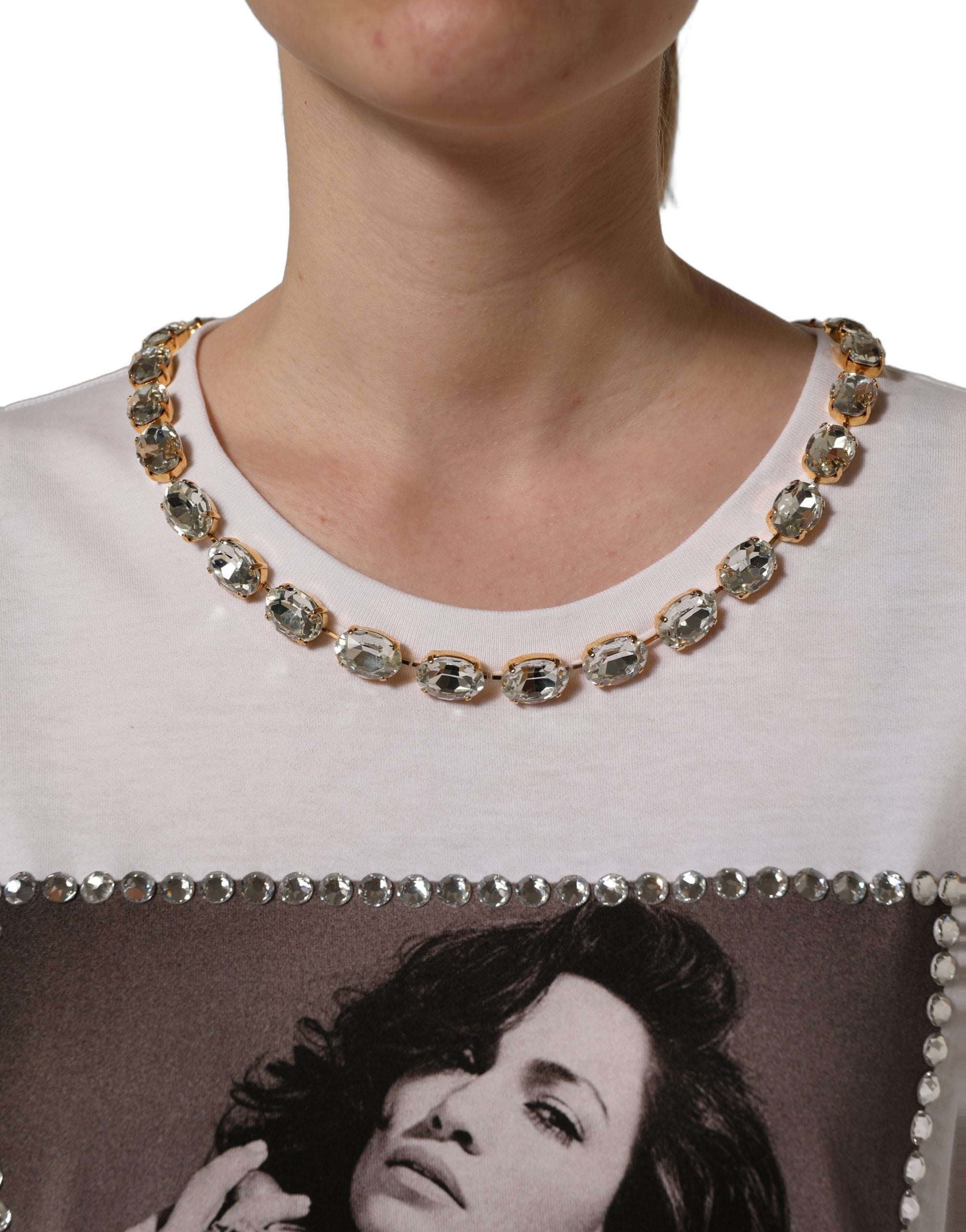 Dolce & Gabbana White Printed Jeweled Round Neck T-shirt