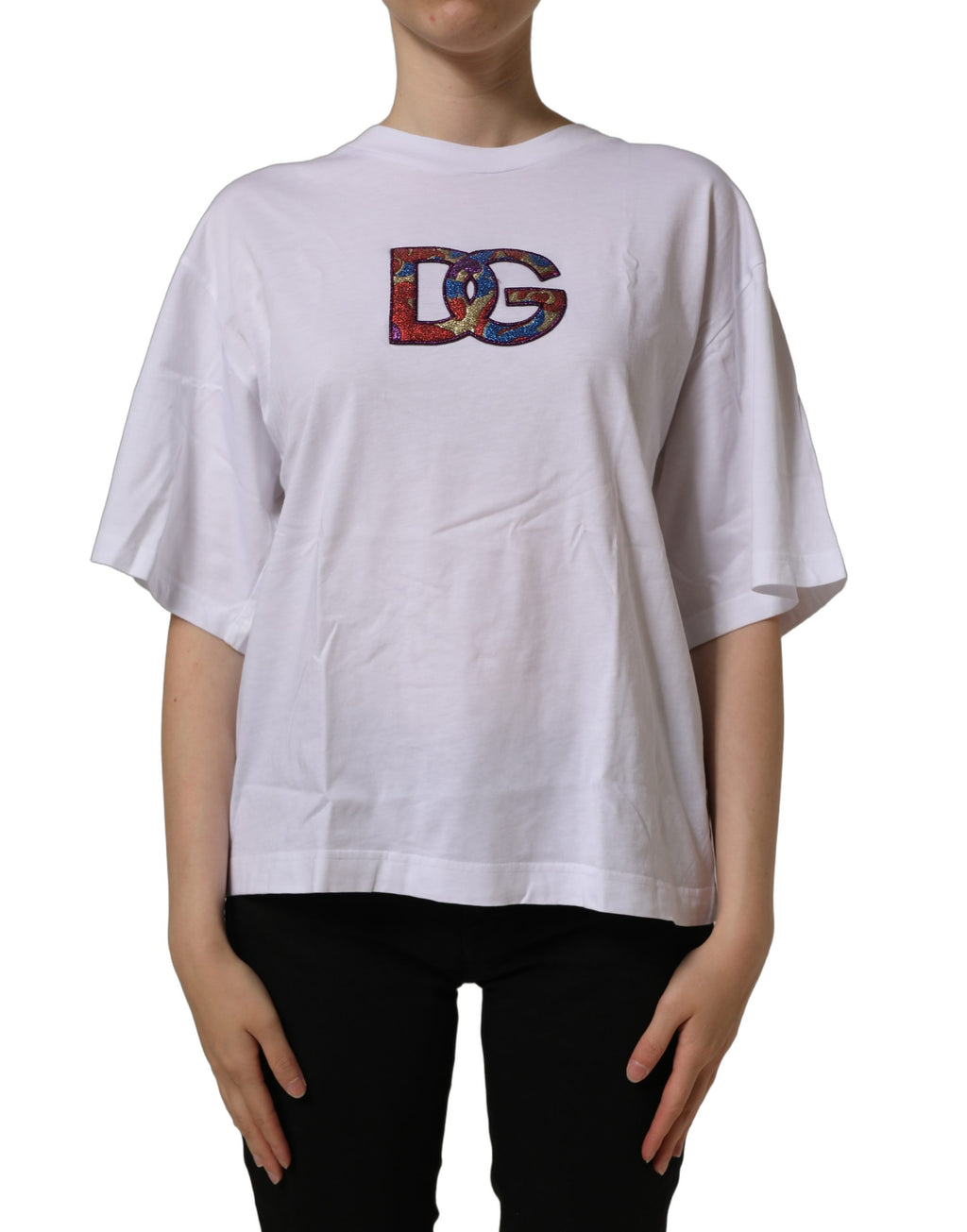 Dolce & Gabbana White Logo Patch Cotton Crew Neck T-shirt