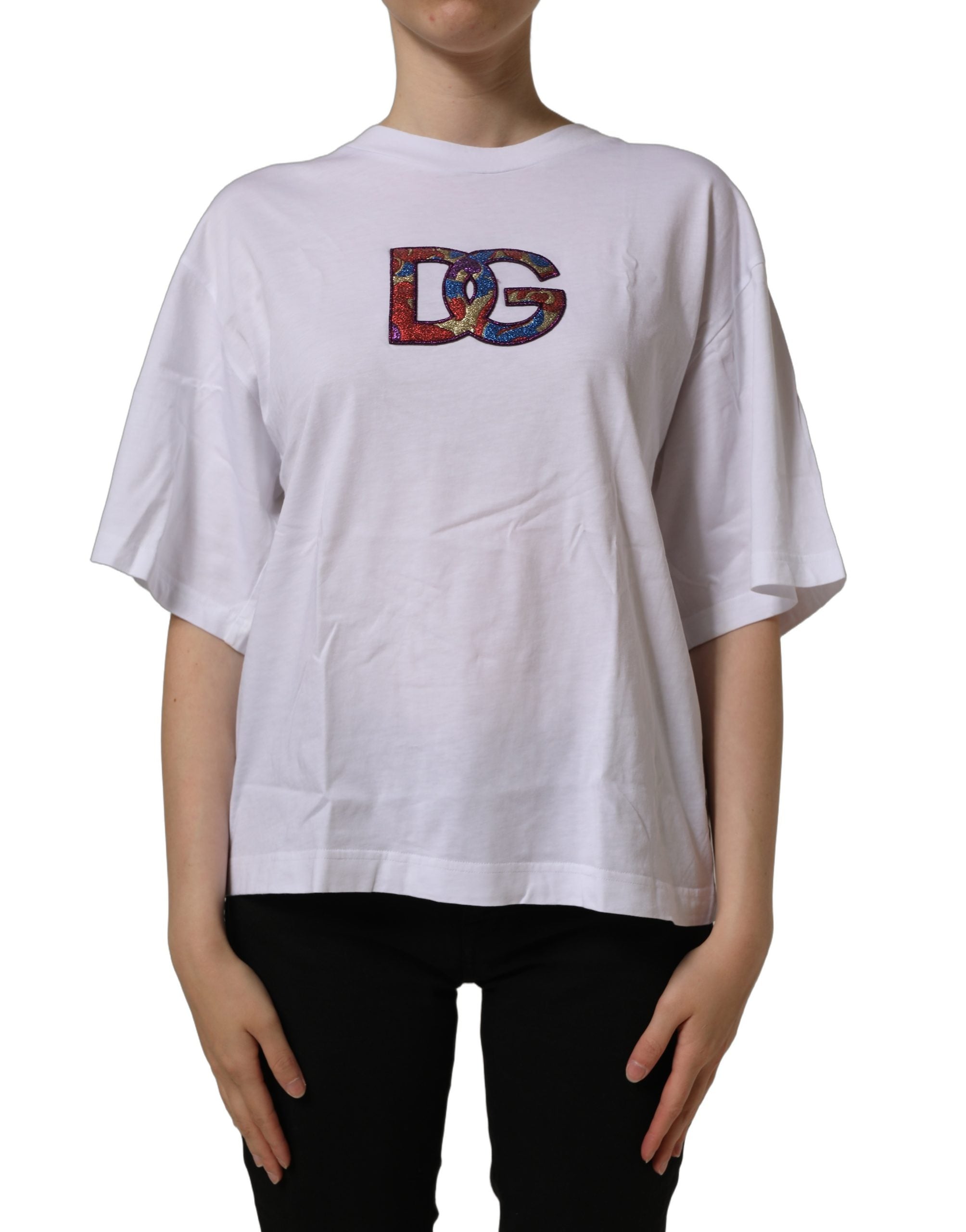 Dolce & Gabbana White Logo Patch Cotton Crew Neck T-shirt