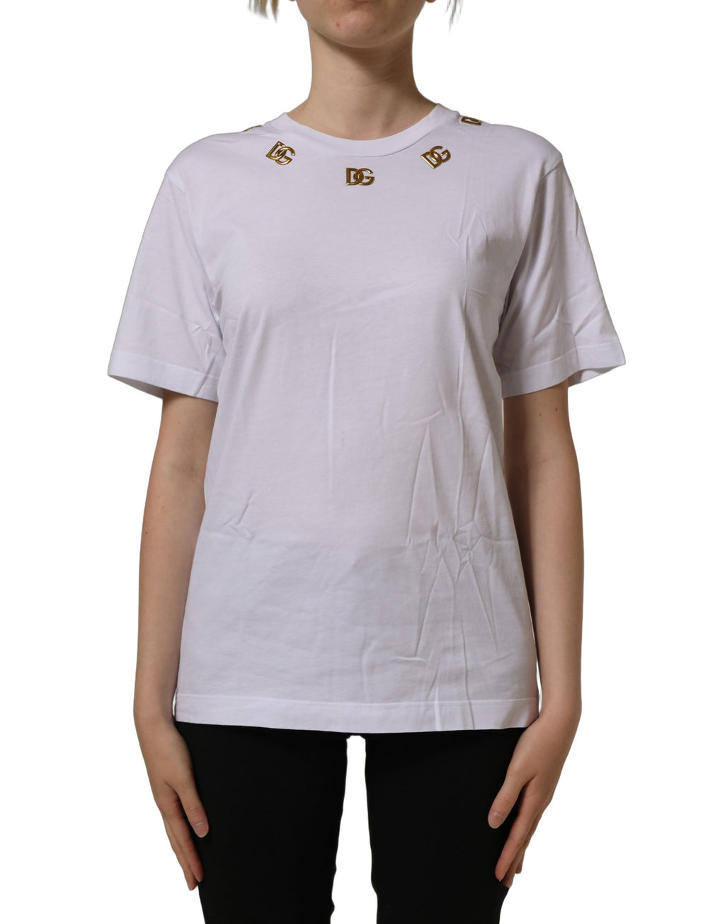 Dolce & Gabbana White Cotton Gold DG Logo Crew Neck T-shirt