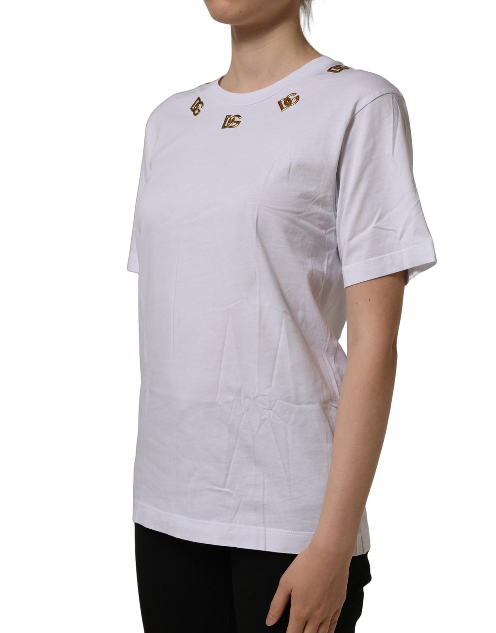 Dolce & Gabbana White Cotton Gold DG Logo Crew Neck T-shirt