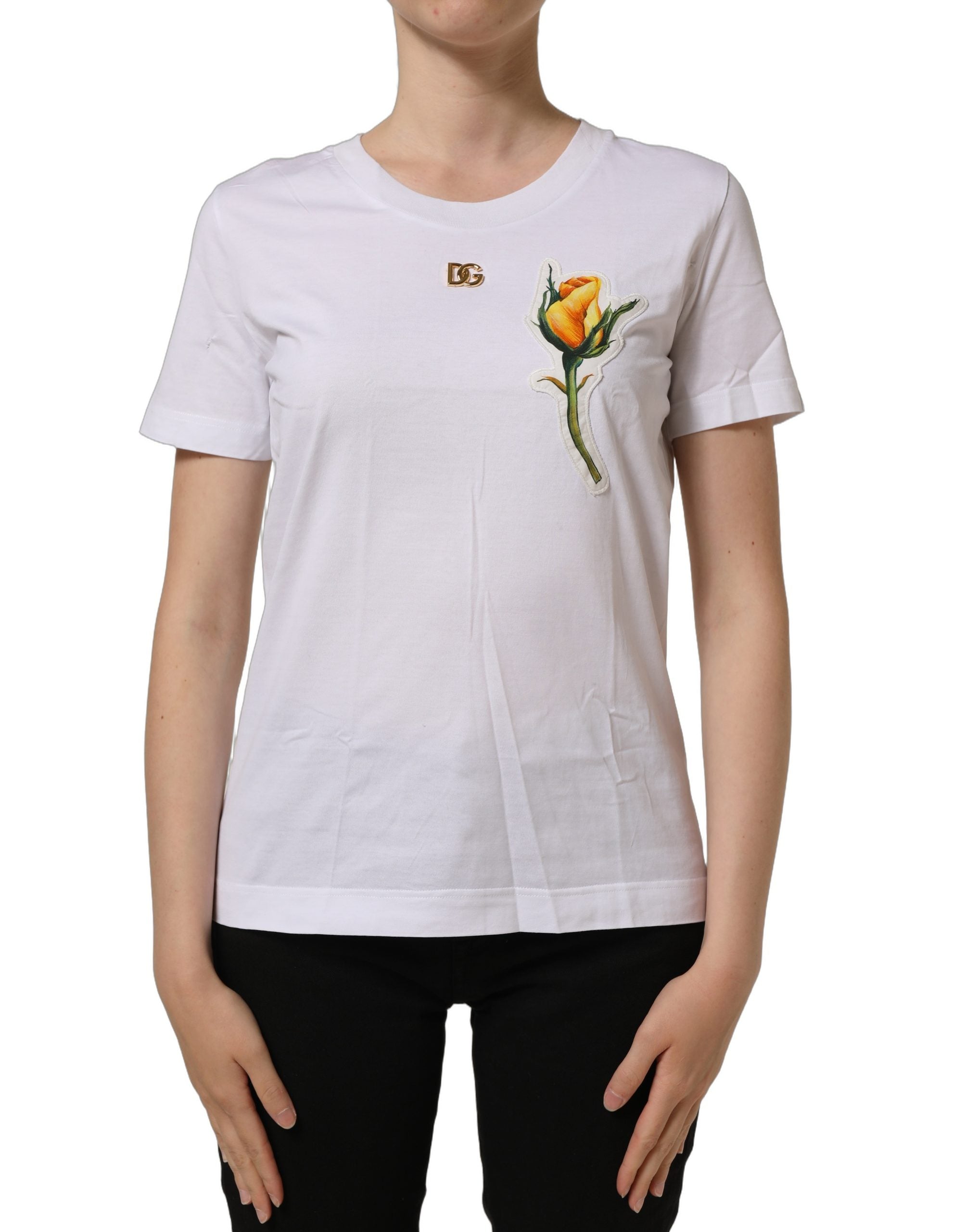 Dolce & Gabbana White Cotton Rose Patch Crew Neck T-shirt