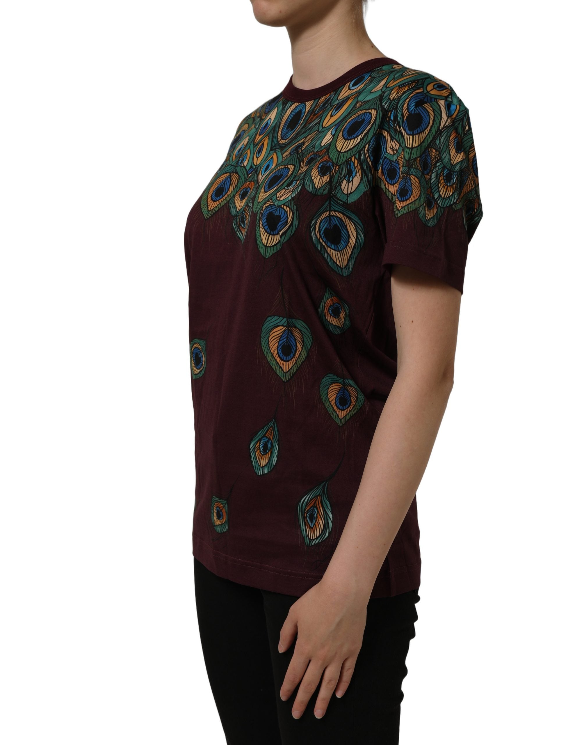 Dolce & Gabbana Burgundy Peacock Feather Round Neck T-shirt