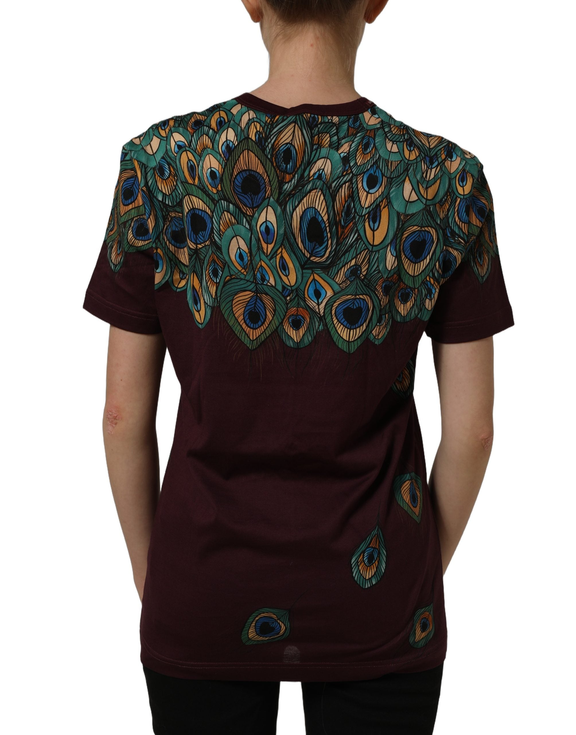 Dolce & Gabbana Burgundy Peacock Feather Round Neck T-shirt