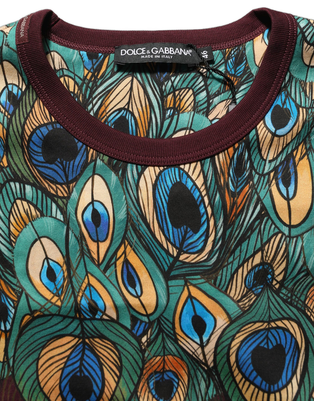 Dolce & Gabbana Burgundy Peacock Feather Round Neck T-shirt