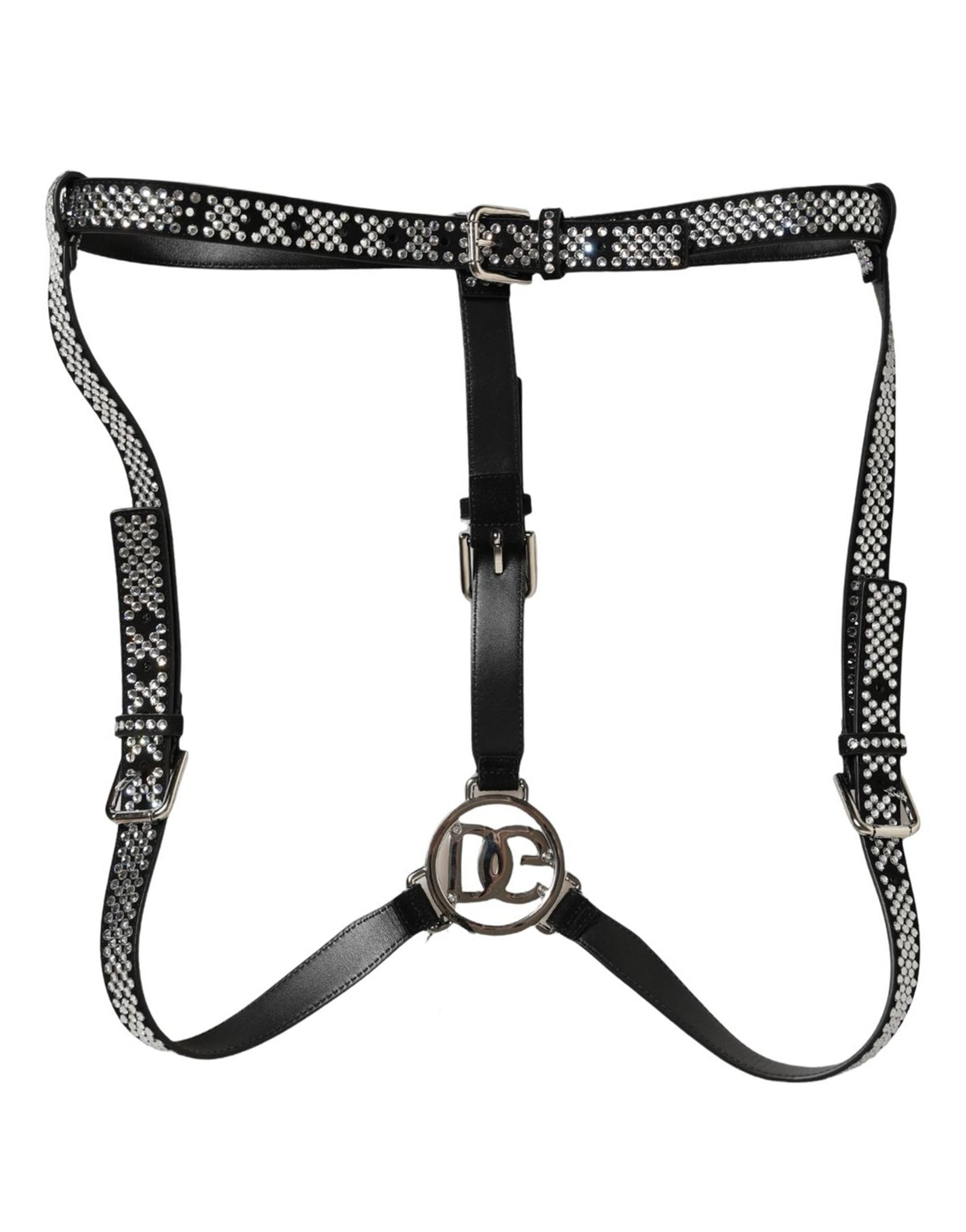 Dolce & Gabbana Black Leather Rhinestones Embellished Men Suspender