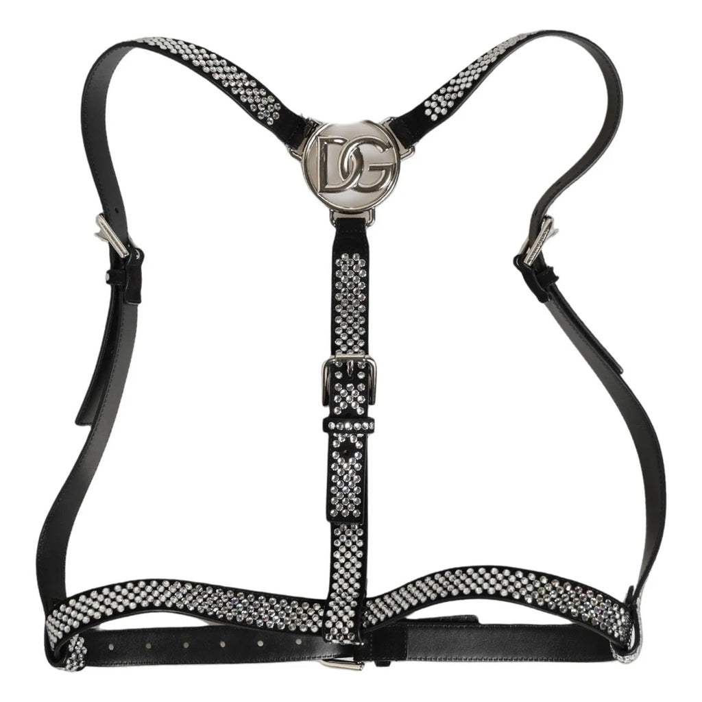 Dolce & Gabbana Black Leather Rhinestones Embellished Men Suspender