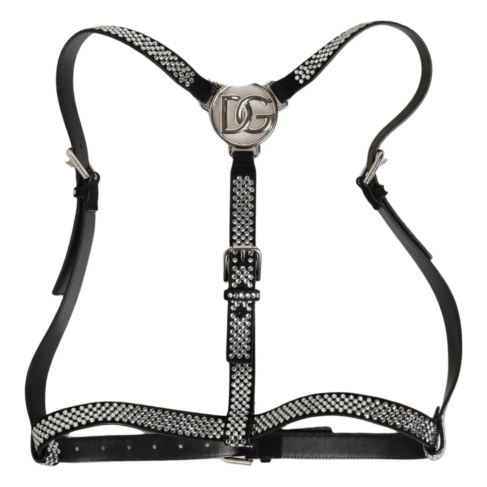 Dolce & Gabbana Black Leather Rhinestones Embellished Men Suspender