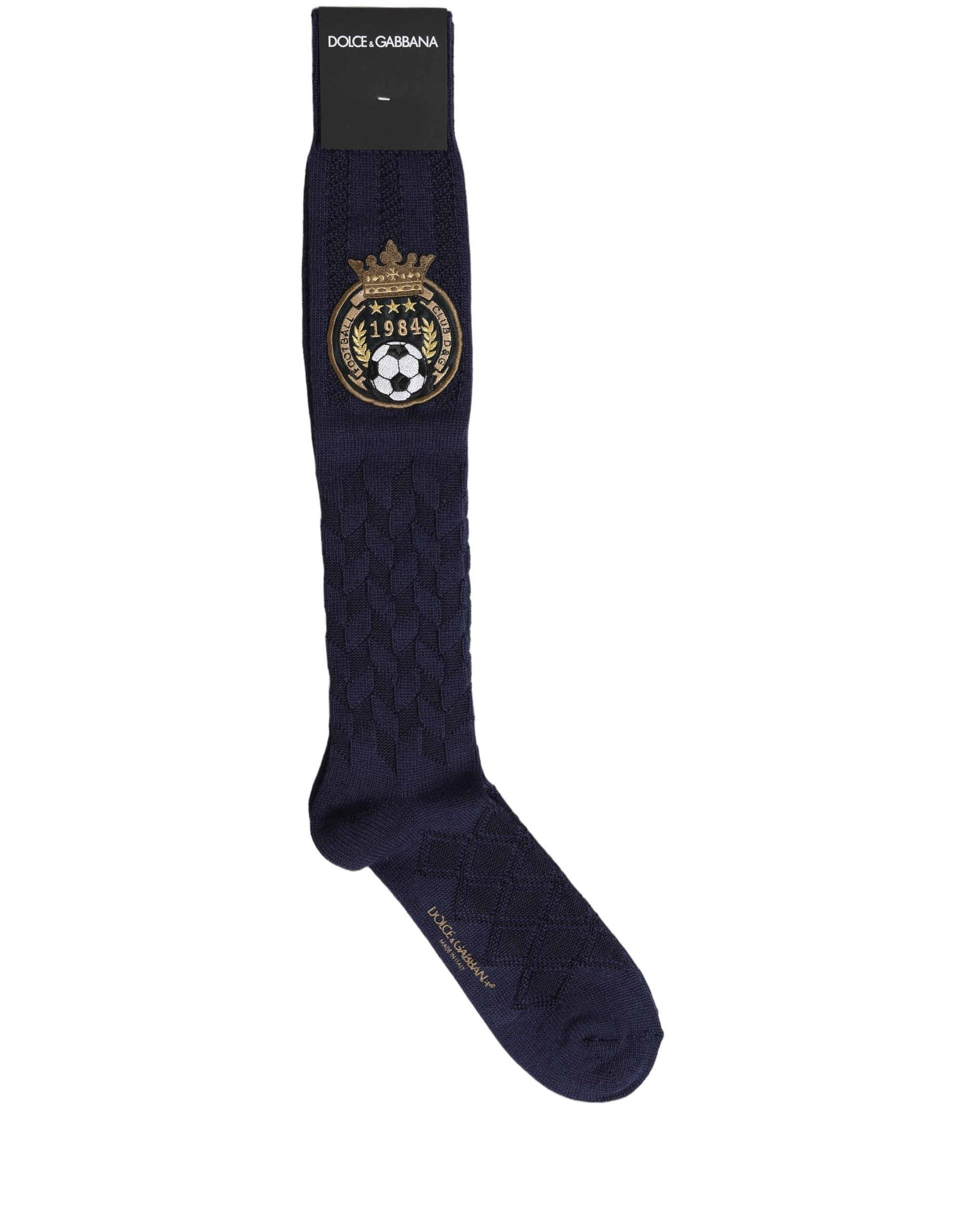Dolce & Gabbana Navy Blue Wool Crest Logo Knee High Accessory Socks
