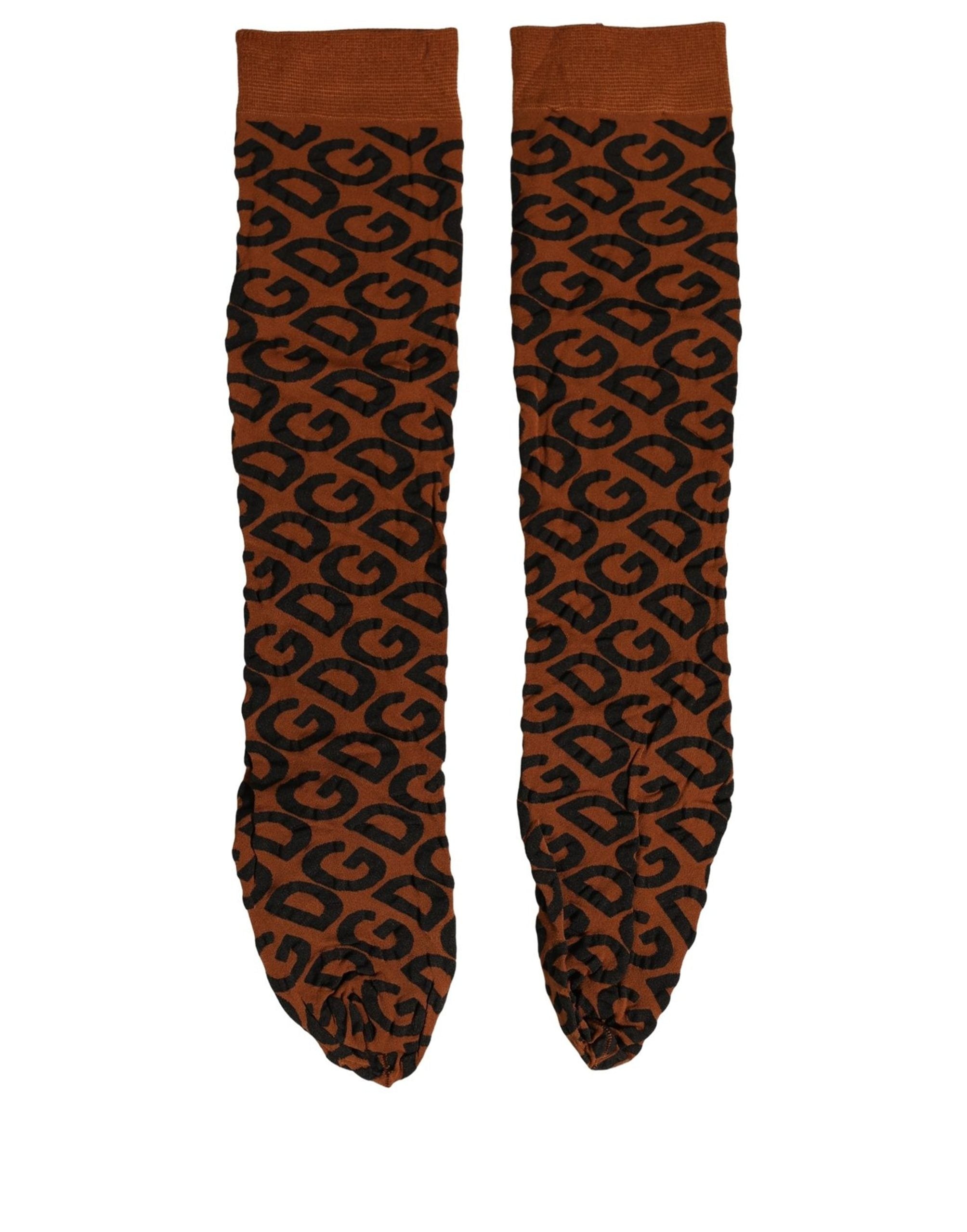 Dolce & Gabbana Brown Black Nylon DG Logo Mid Calf Accessory Socks