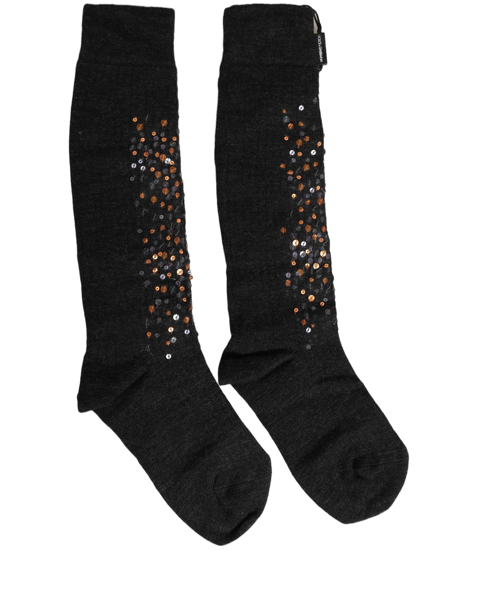 Dolce & Gabbana Dark Gray Sequined Wool Knee High Accessory Socks