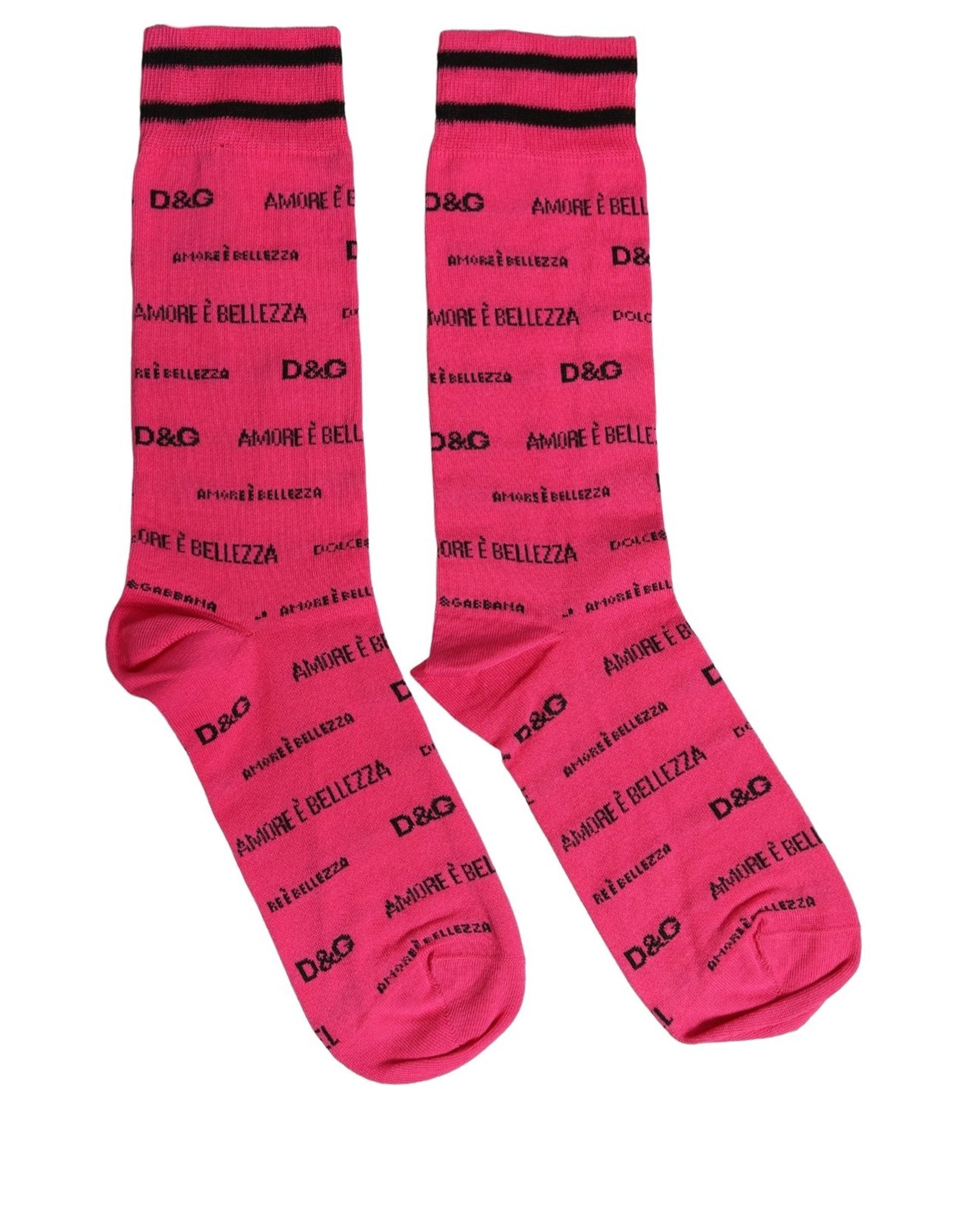 Dolce & Gabbana Pink Cotton Logo Print Mid Calf Accessory Socks