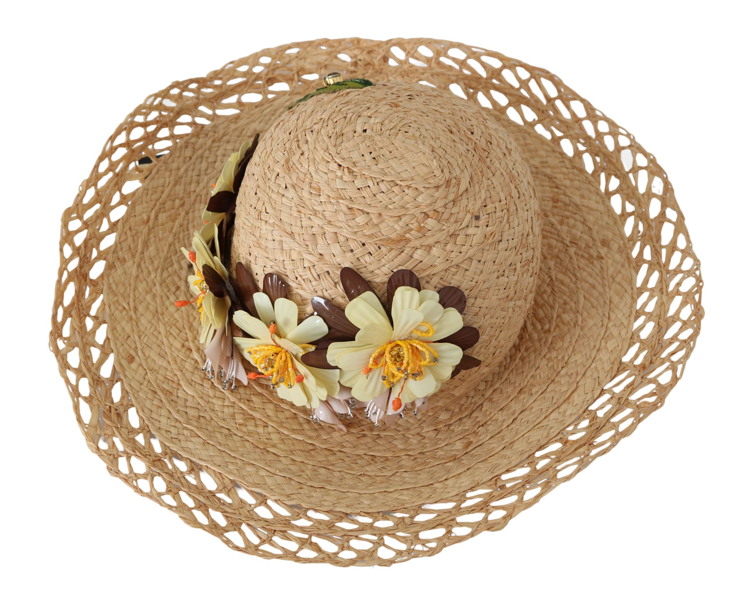 Dolce & Gabbana Beige Wide Brim Floral Bucket Capello Hat