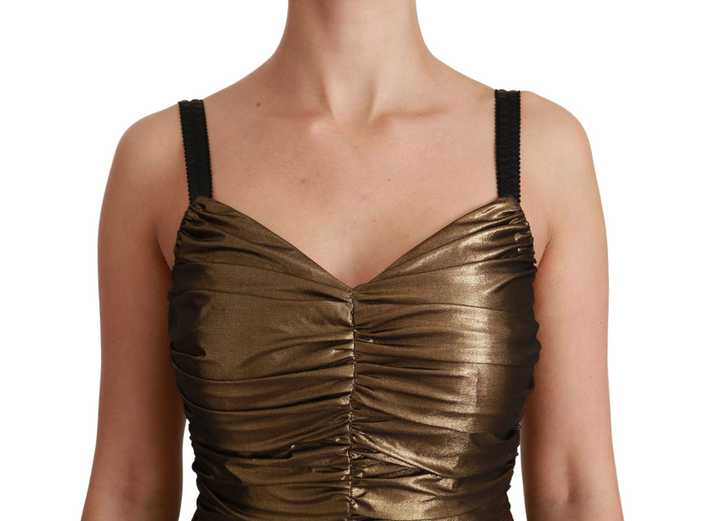 Robe moulante dorée en métal stretch Dolce & Gabbana avec drapé froncé, ajustée et élégante pour une silhouette raffinée.
