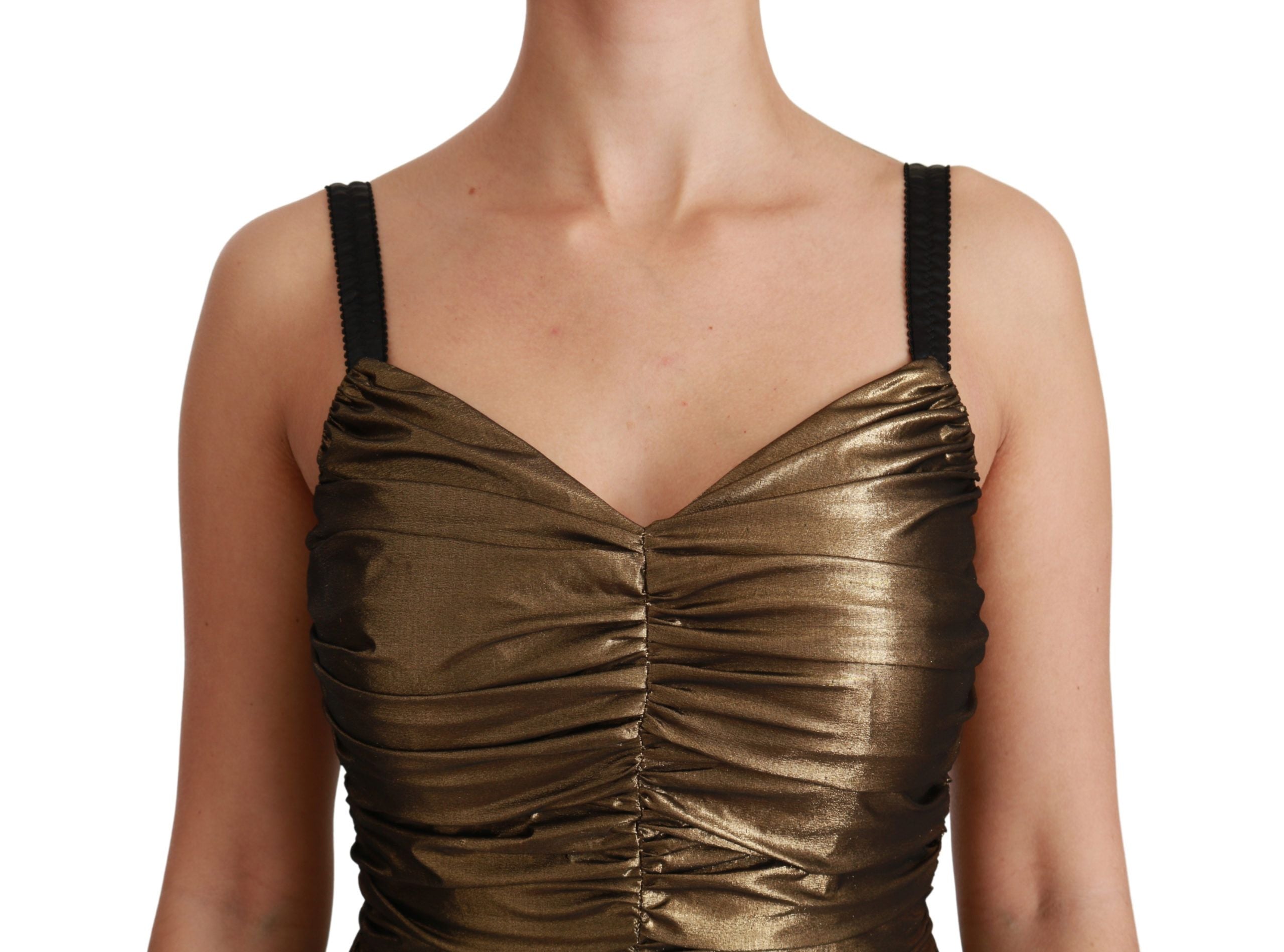 Robe moulante dorée en métal stretch Dolce & Gabbana avec drapé froncé, ajustée et élégante pour une silhouette raffinée.