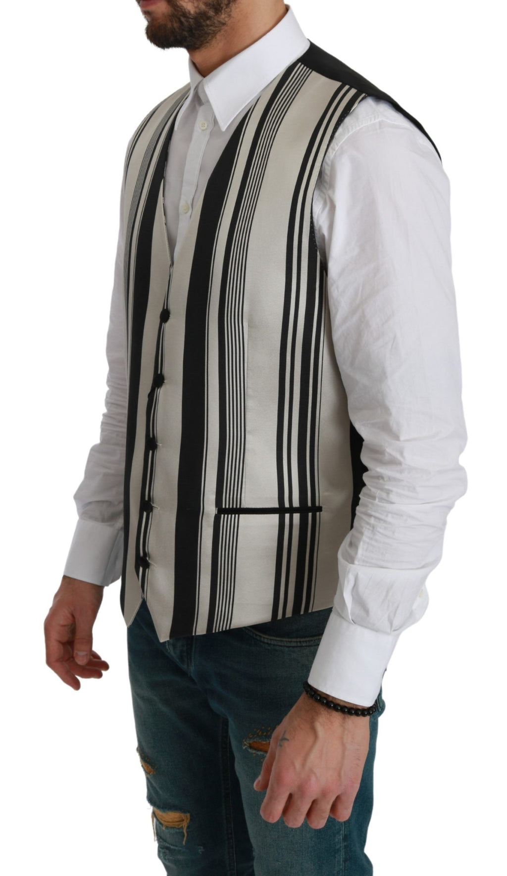 Dolce & Gabbana White Gray Black Stripes Waistcoat Formal Vest