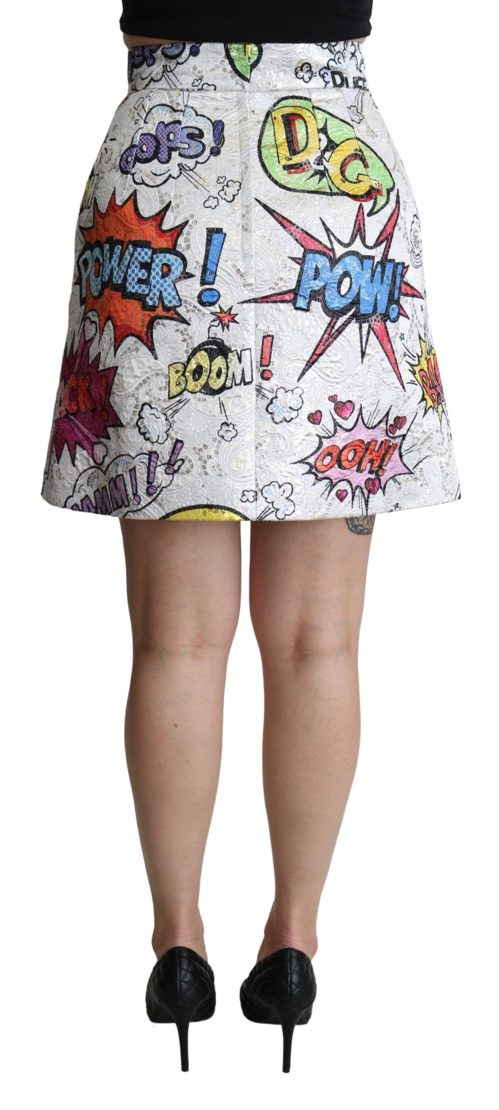 Dolce & Gabbana Weißer A-Linien-Rock mit hohem Bund und Cartoon-Brokat