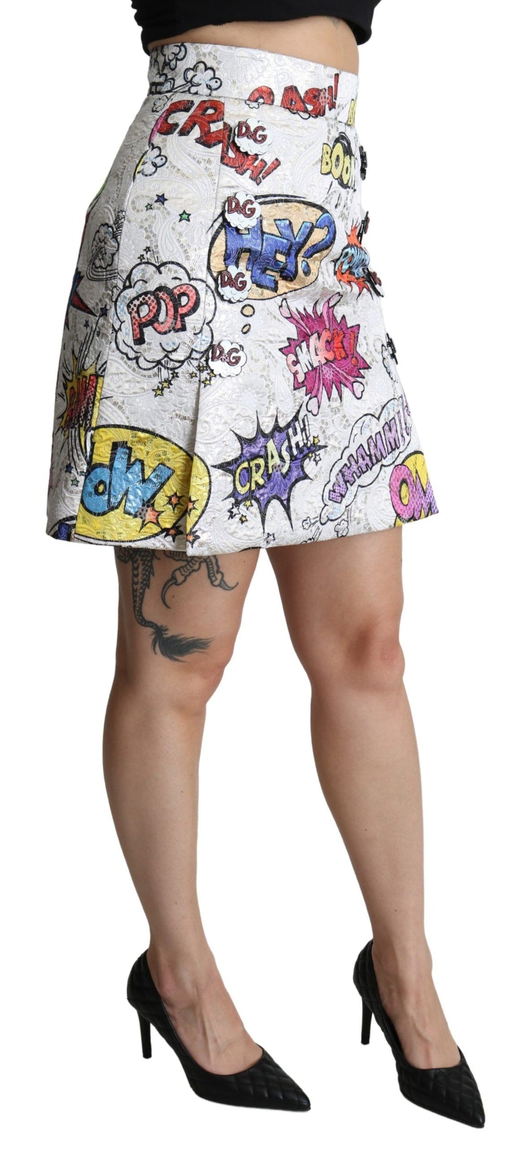 Dolce & Gabbana Weißer A-Linien-Rock mit hohem Bund und Cartoon-Brokat