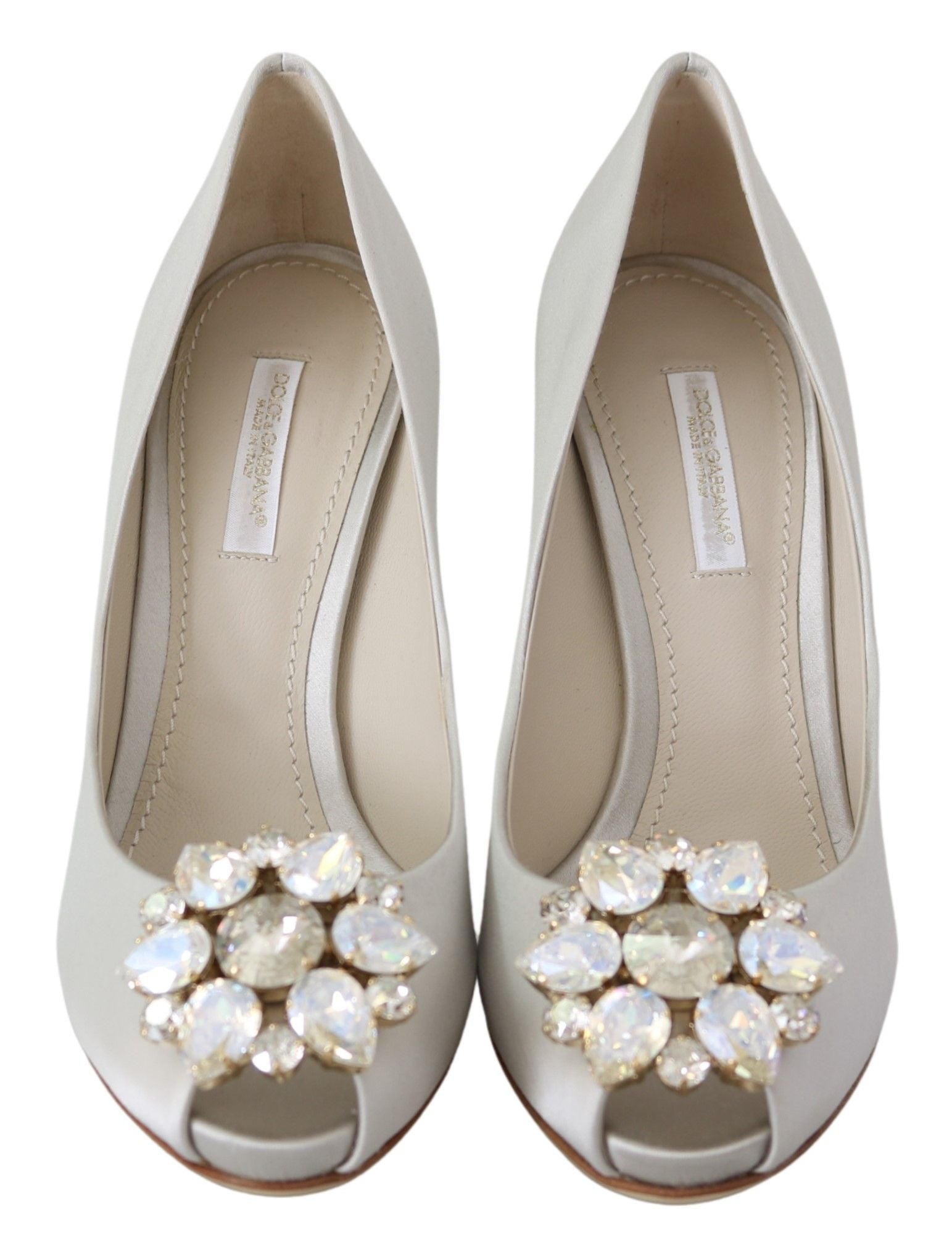 Dolce & Gabbana Weiße Kristall Peep Toe Heels Satin Pumps Schuhe