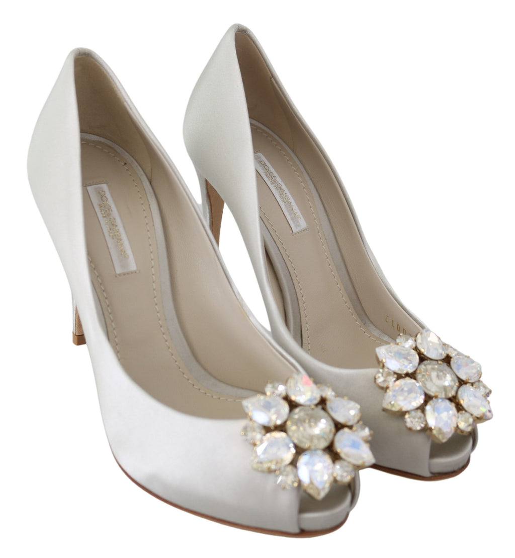 Dolce & Gabbana Weiße Kristall Peep Toe Heels Satin Pumps Schuhe